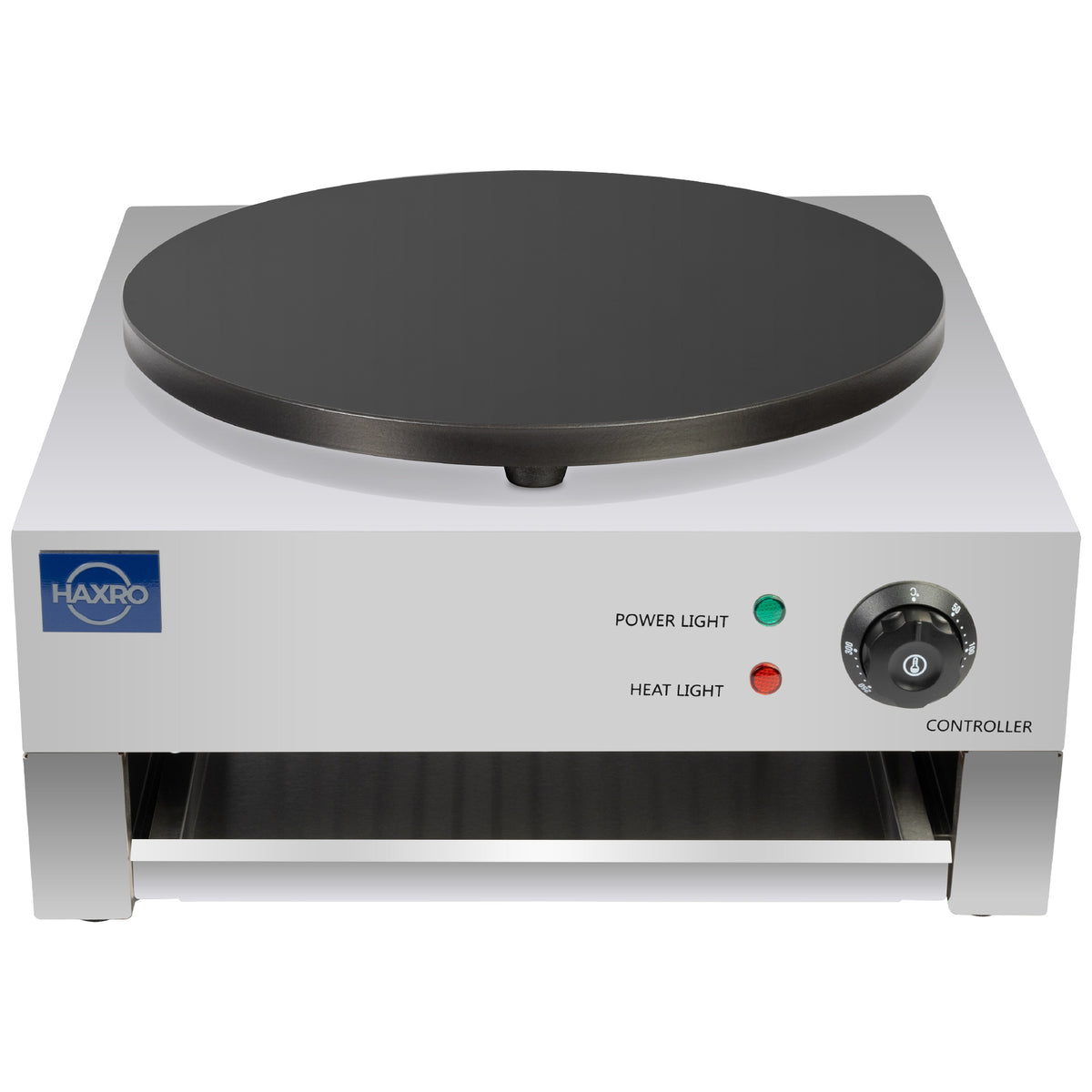 Front view of a Haxro crepe maker featuring a smooth black cooking plate, indicator lights, and a temperature control dial.