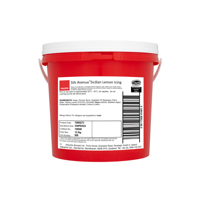 Tub of 5th Avenue Sicilian Lemon Icing with a smooth, glossy finish, perfect for adding a vibrant citrus touch to doughnuts, cakes, and pastries; made with natural colours and flavours and ideal for professional or home baking.