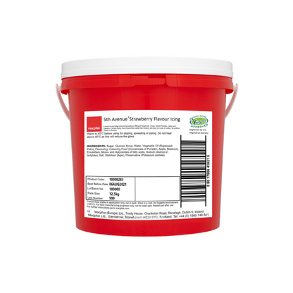 Tub of 5th Avenue Strawberry Flavour Icing with a smooth, glossy pink finish, ideal for topping doughnuts, cakes, muffins, and pastries with a sweet, fruity touch.