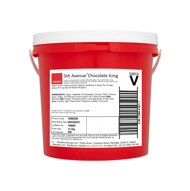 Tub of 5th Avenue Chocolate Icing with a smooth, rich fudge texture, perfect for topping doughnuts, cakes, muffins, and pastries with a deep chocolate finish.