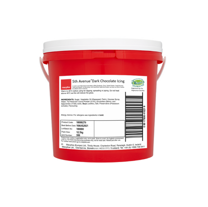 Tub of 5th Avenue Dark Chocolate Icing with a smooth, rich fudge texture, ideal for topping doughnuts, cakes, muffins, and pastries.