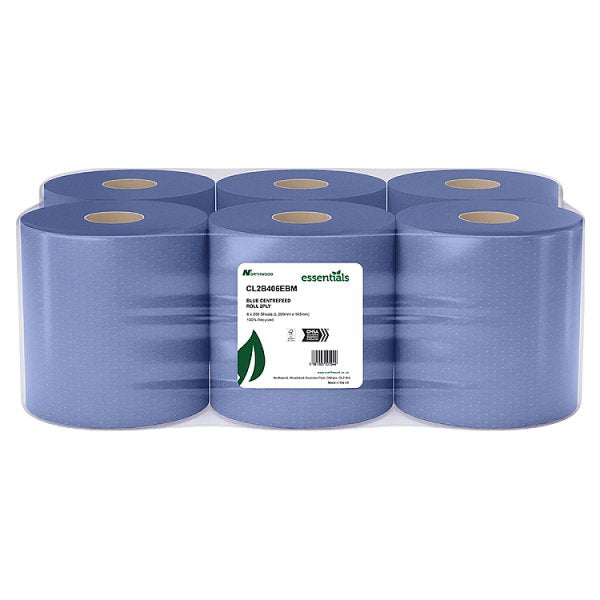 Six blue paper towel rolls with a visible brand label on a white background