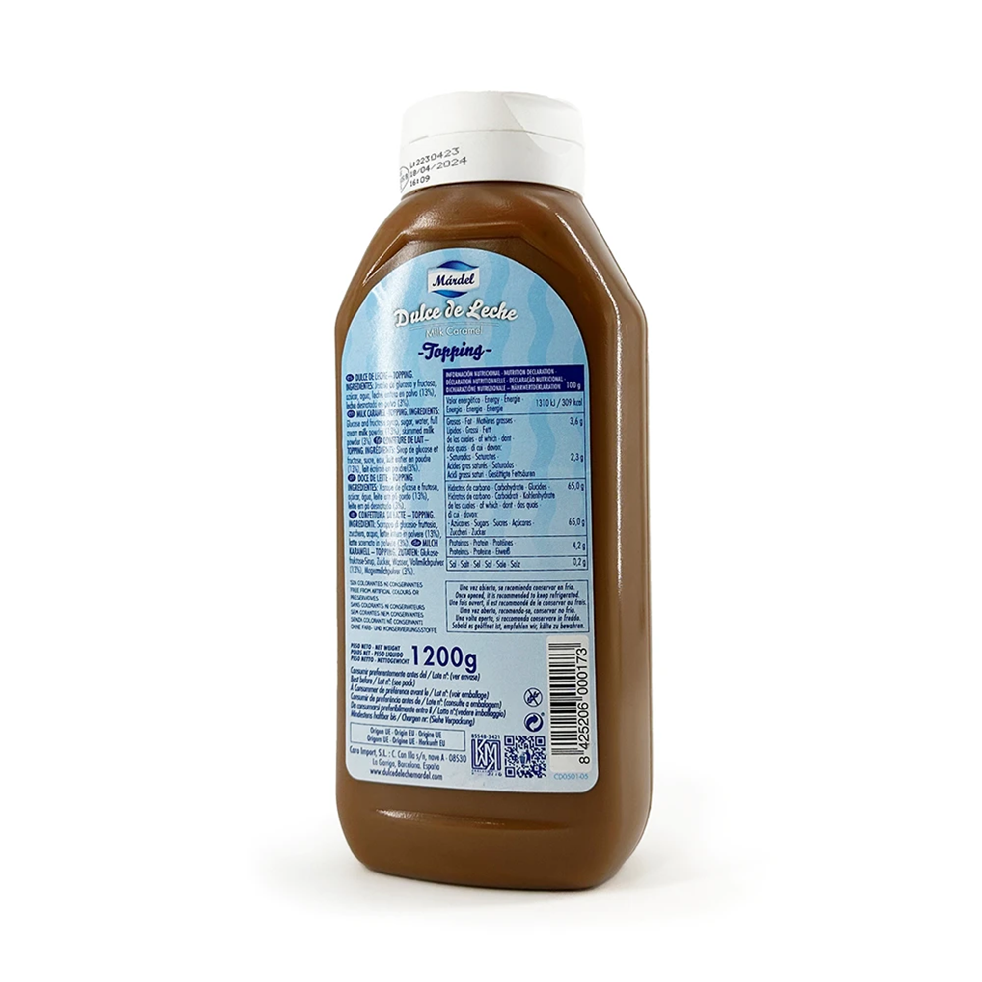 A brown 1,200-gram bottle of dulce de leche topping stands against a white background, its blue label facing forward; a simple product photo.