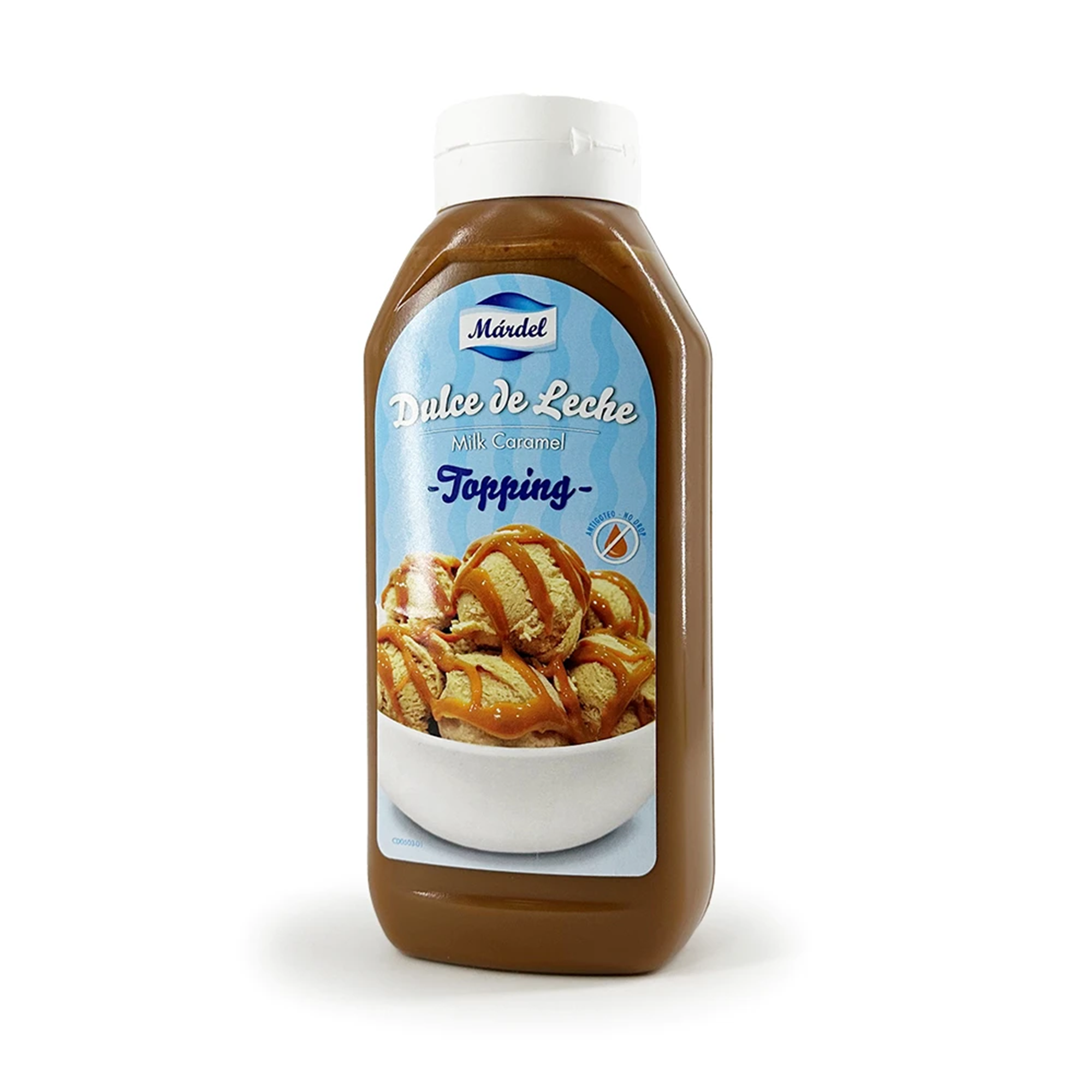 A bottle of Mandet dulce de leche milk caramel topping, with a label showing caramel-drizzled dessert; photographed on white, evoking a sweet treat.