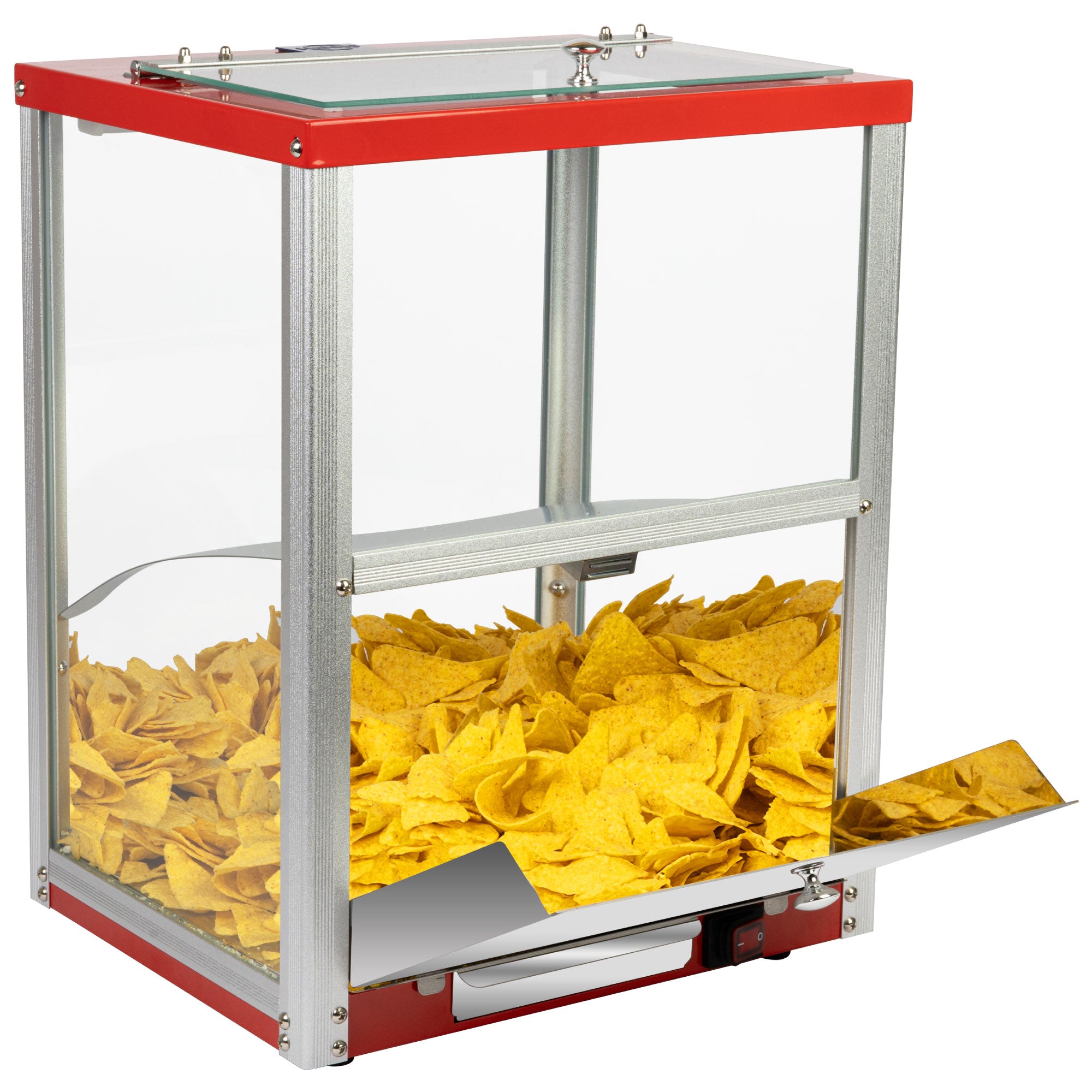 A clear acrylic snack dispenser filled with yellow nacho chips, with a red metal frame and a sliding tray at the bottom.