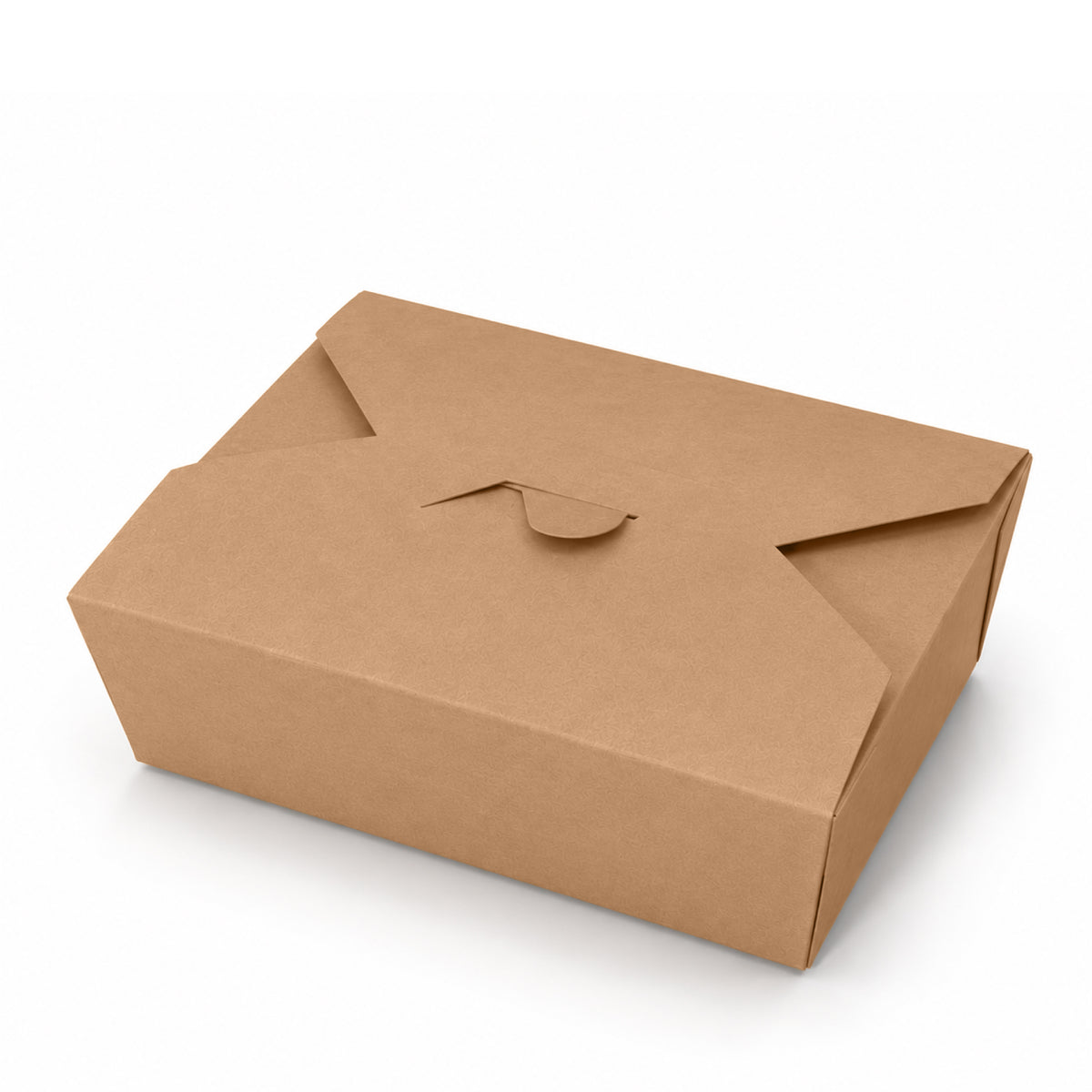 A closed brown cardboard takeout box with a folded flap closure sits on a white surface. The box appears simple, eco-friendly, and sturdy.