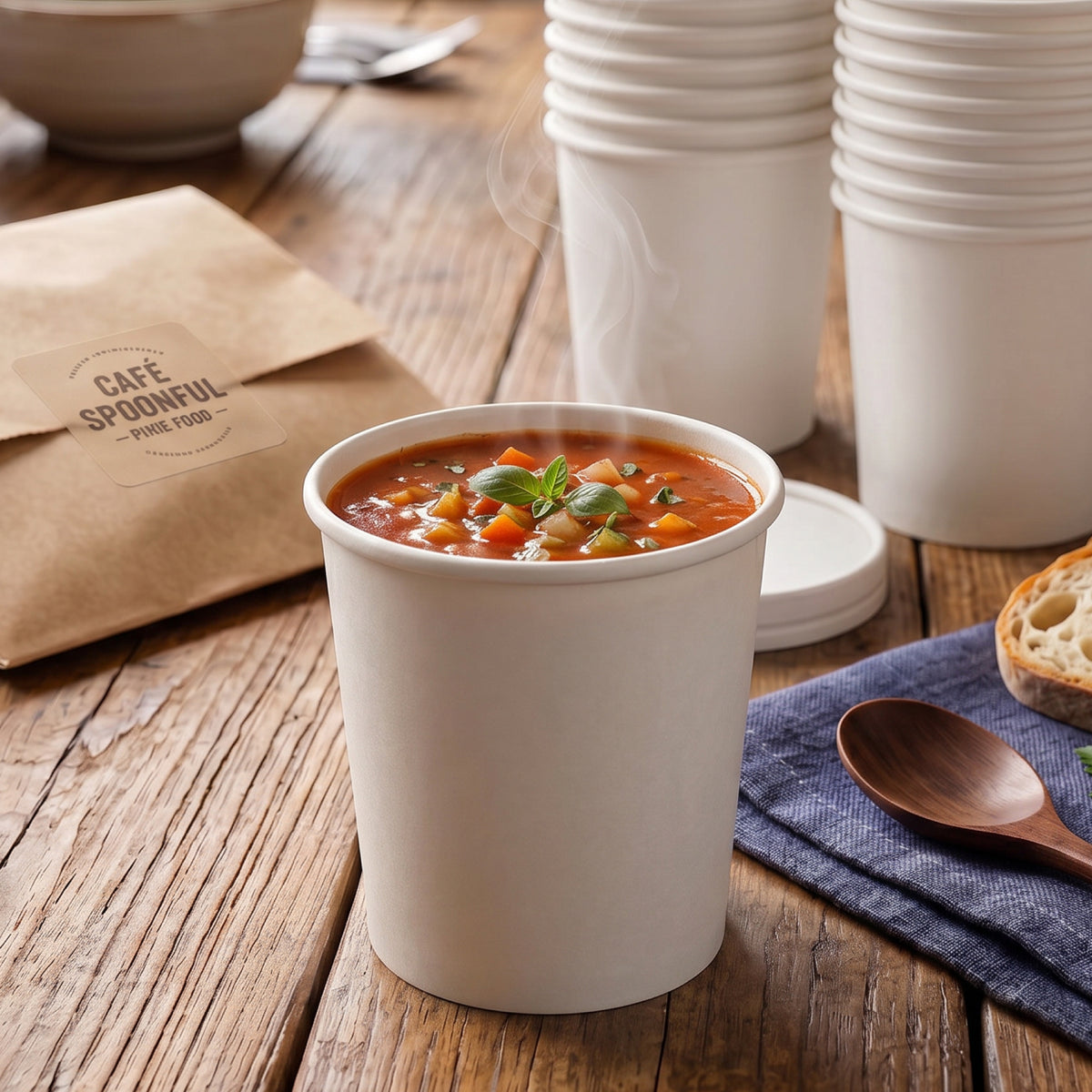 A cardboard cup filled with steaming soup, garnished with herbs, placed on a wooden table. In the background, there are stacked disposable cups and a paper bag. A slice of bread and a wooden spoon are also visible.
