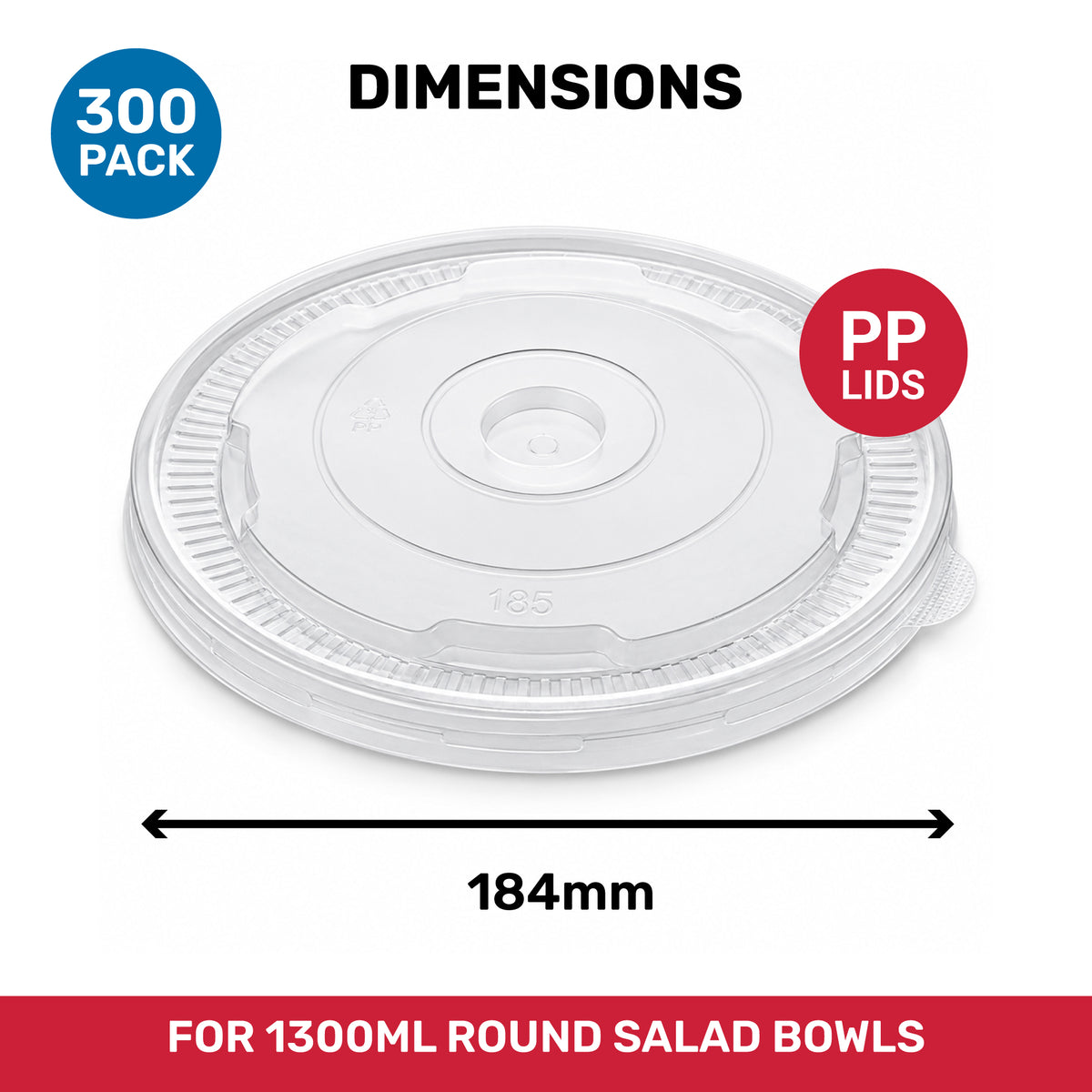 300 pack of PP lids for 1300 ml round salad bowls, dimensions 184 mm.