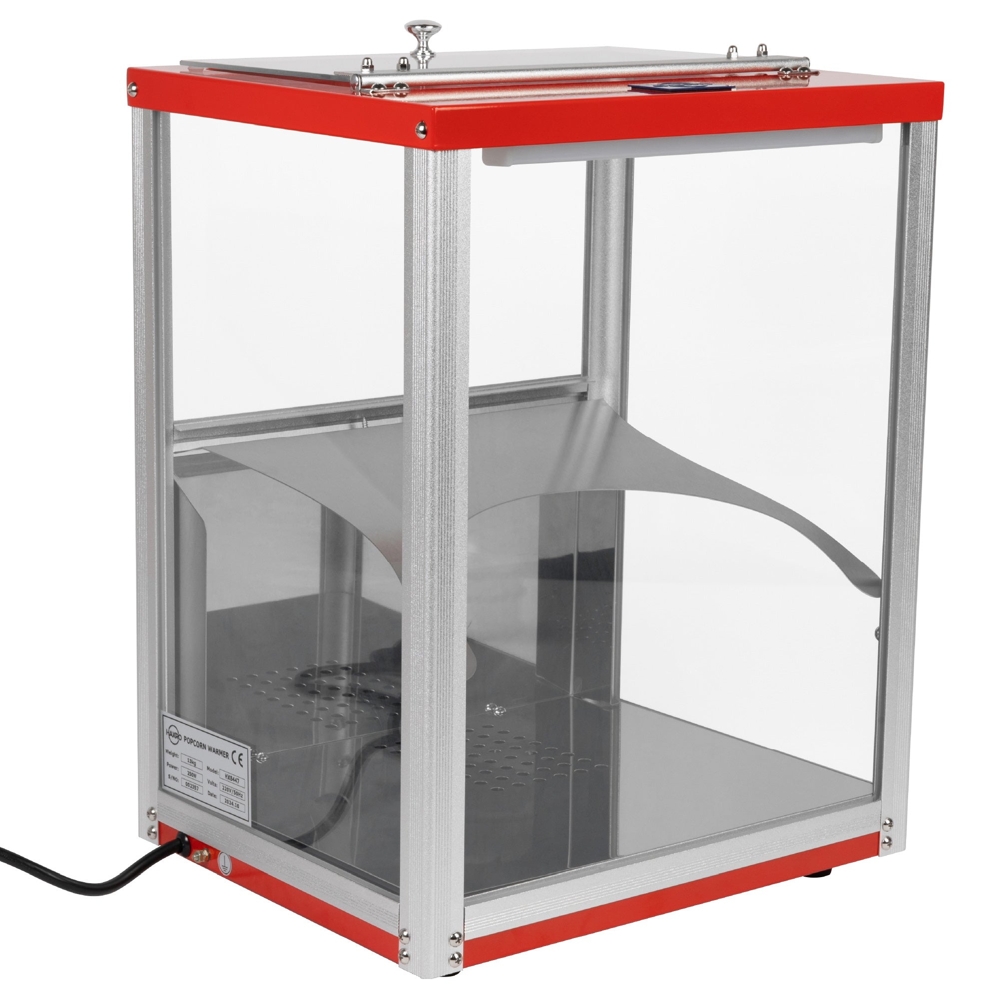 A glass and metal display case with a red frame, featuring an open top and a curved shelf inside.