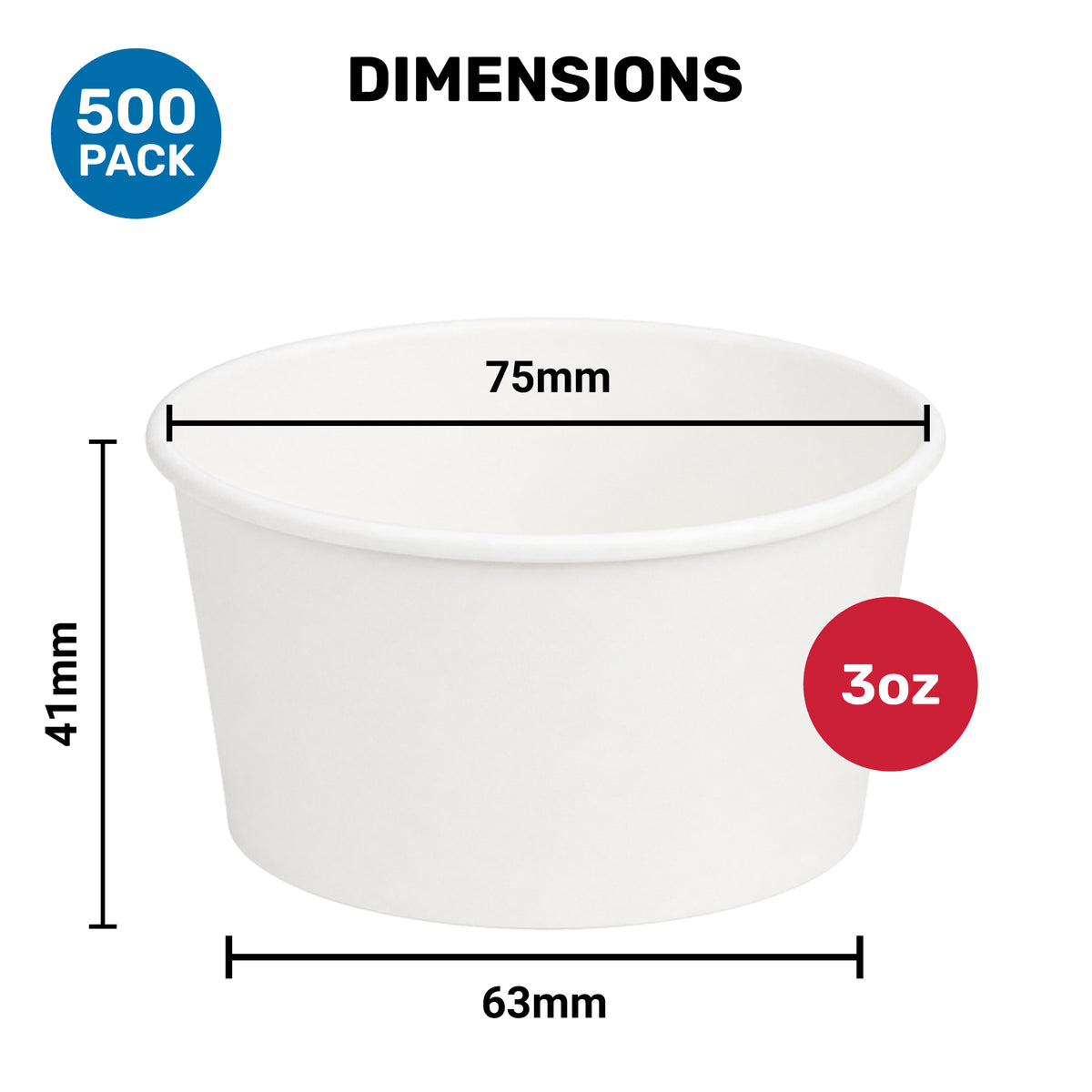 White 3oz paper cup with dimensions: 75mm top diameter, 63mm base diameter, and 41mm height. "500 Pack" and "3oz" labels included.