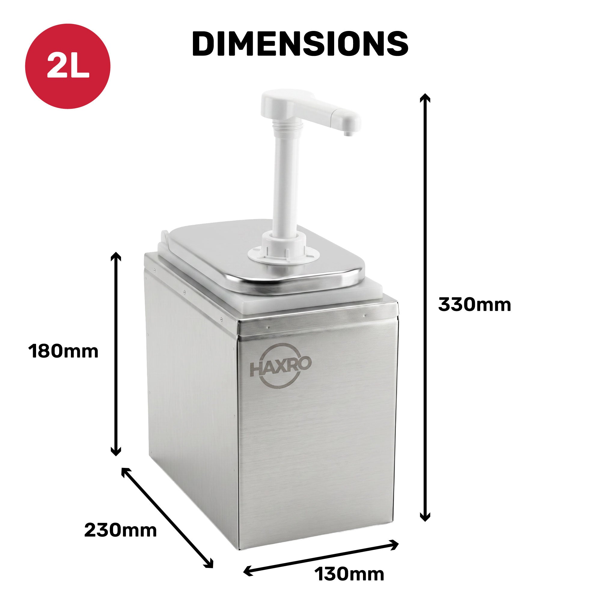 A stainless steel dispenser with a pump, labeled with dimensions: Height 330mm, Width 230mm, Depth 130mm, and a capacity of 2 liters.