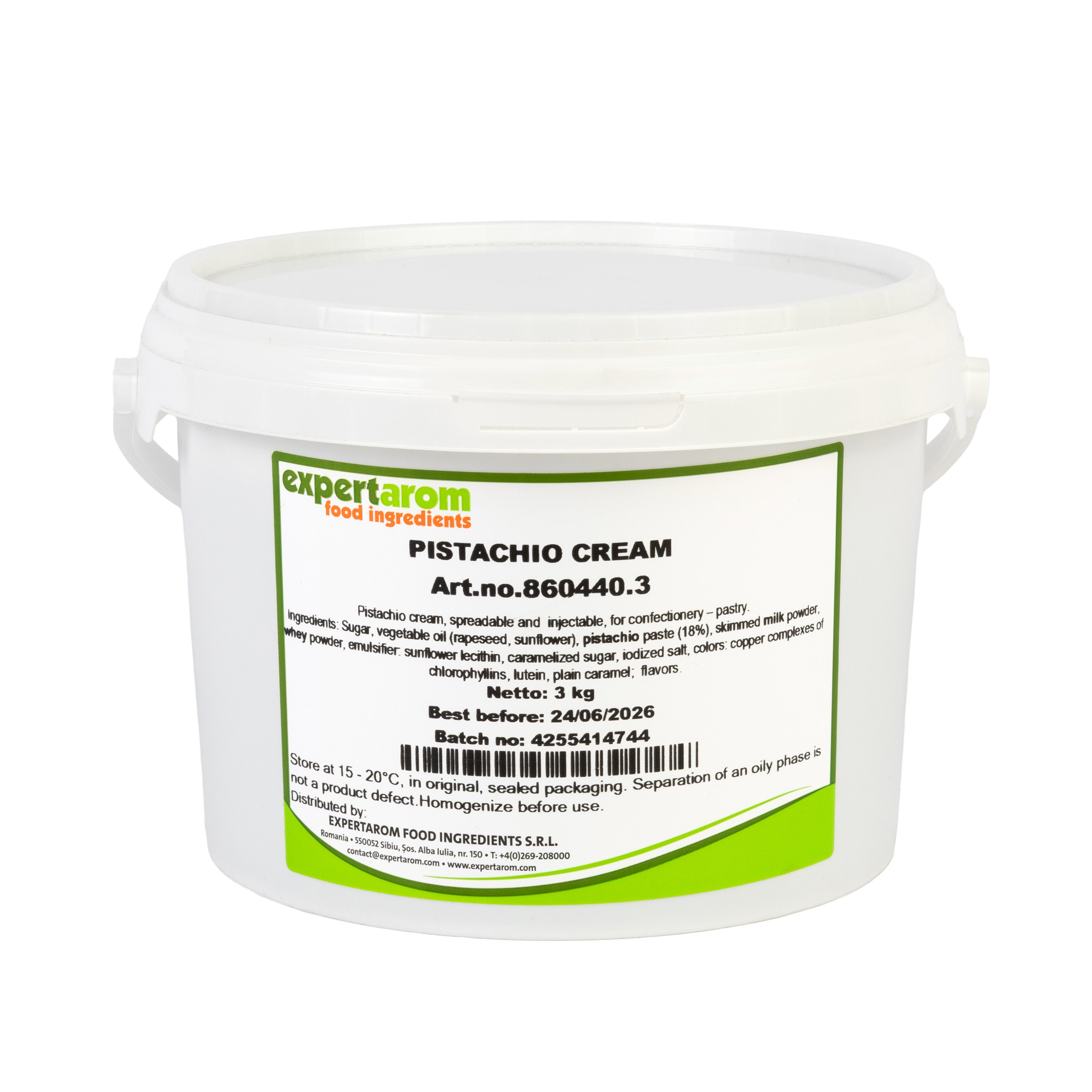 Container of pistachio cream from experlarom, with a label indicating the product details, including weight and expiration date.