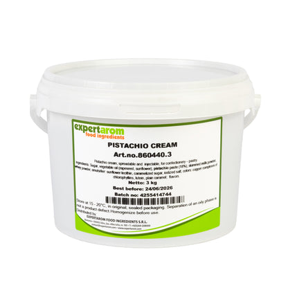 Container of pistachio cream from experlarom, with a label indicating the product details, including weight and expiration date.