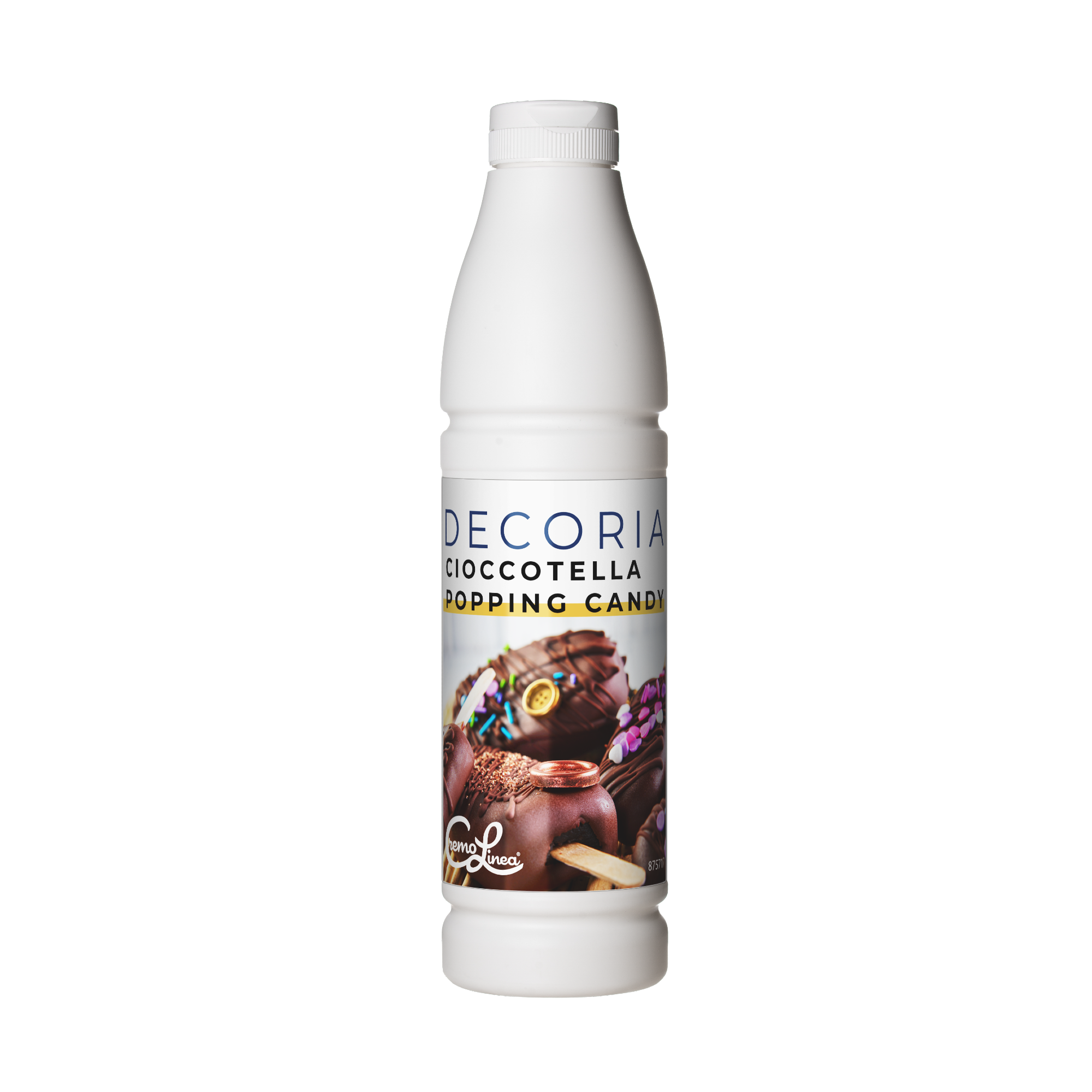 Decoria Cioccotella Popping Candy dessert topping bottle, featuring chocolate-covered treats on the label. Ideal for ice cream, waffles, crepes, churros, milkshakes and dessert shops.