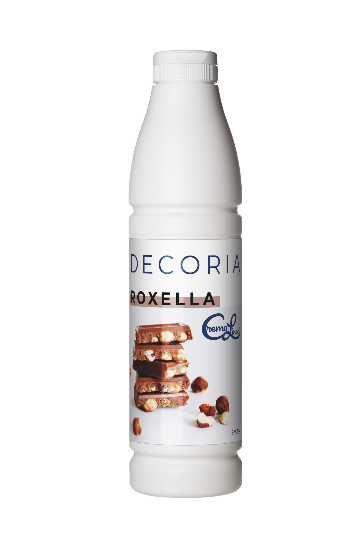 Close-up of a white bottle labeled "Decoria Roxella" featuring stacked chocolate bars with hazelnuts on the label, isolated on a white background.