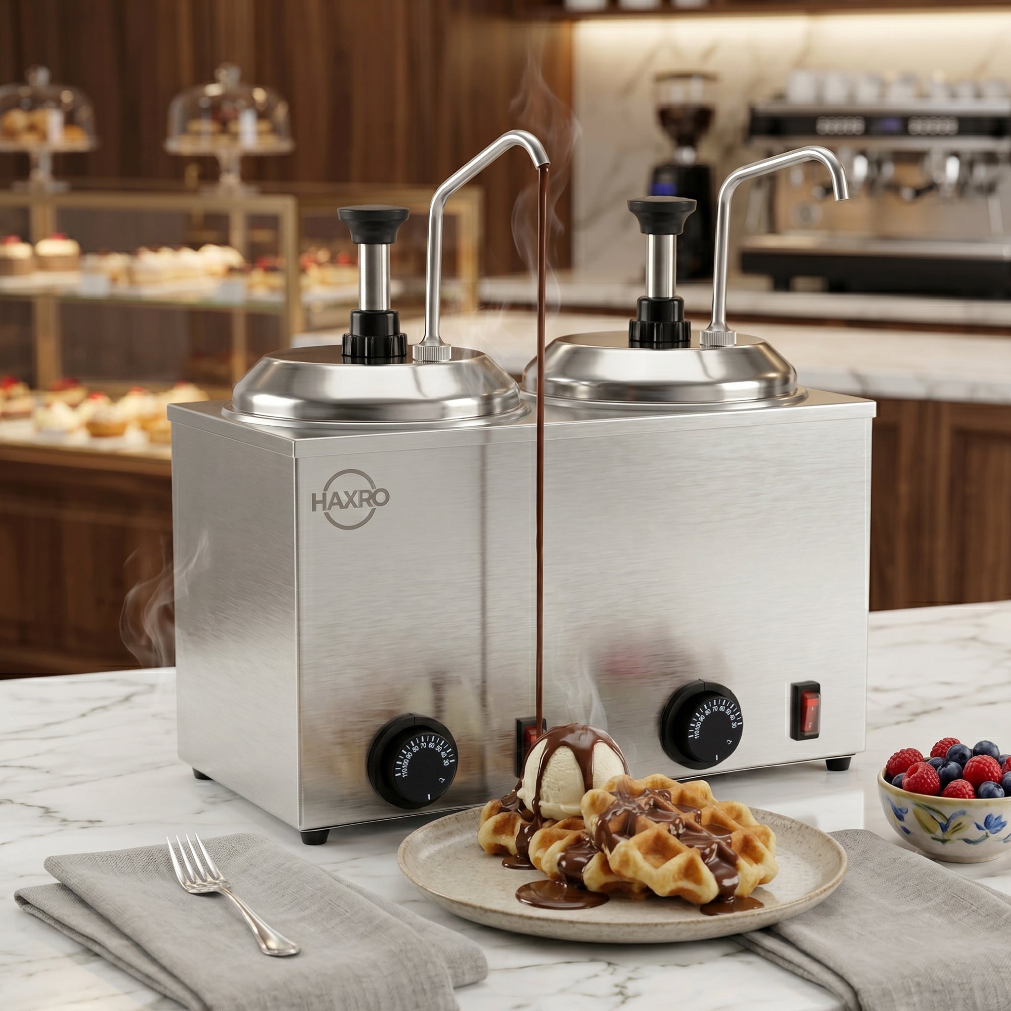 A twin sauce dispenser with two spouts, surrounded by a plate of waffles topped with ice cream and berries, set on a marble table in a cafe environment.