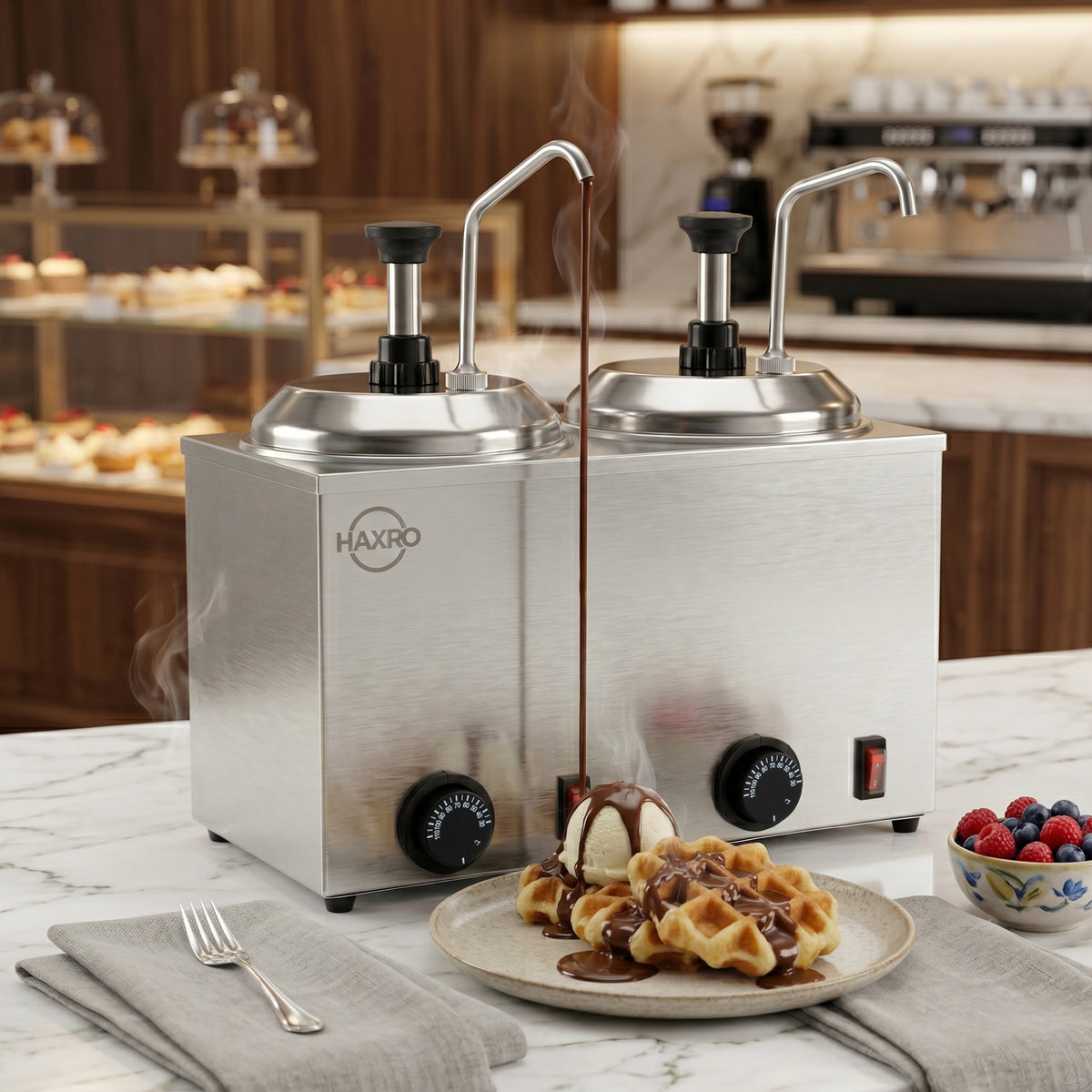 A twin sauce dispenser with two spouts, surrounded by a plate of waffles topped with ice cream and berries, set on a marble table in a cafe environment.