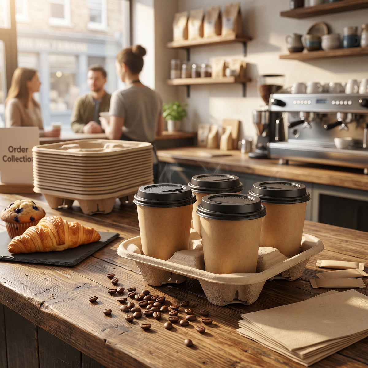 A coffee shop interior with a wooden counter, featuring coffee cups in a tray, baked goods like croissants and muffins, and a coffee machine in the background.