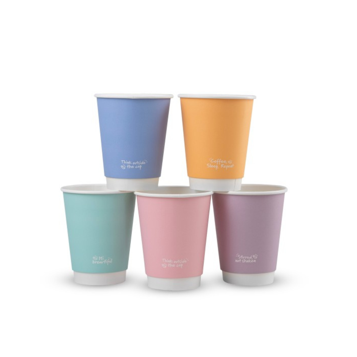 Five colorful paper cups in pastel shades stacked in a pyramid formation.