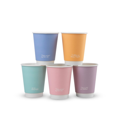 Five colorful paper cups in pastel shades stacked in a pyramid formation.