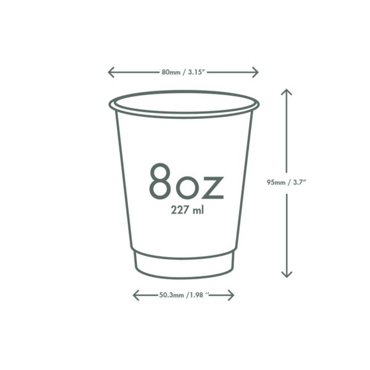 An illustration of an 8 oz cup with dimensions labeled: height of 95 mm (3.7 inches) and diameter of 80 mm (3.15 inches), with a smaller diameter at the base of 50.3 mm (1.98 inches).