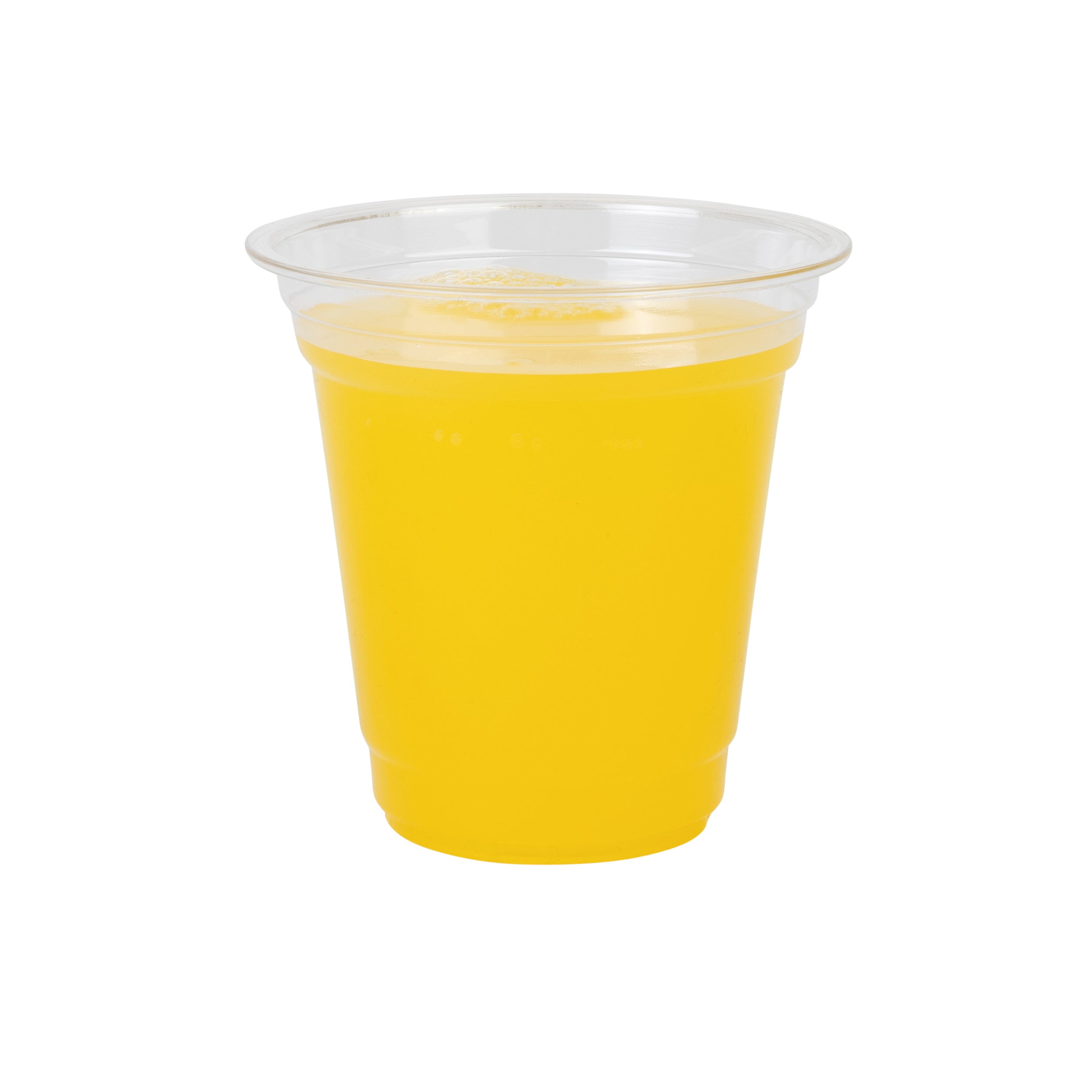 Clear plastic cup filled with bright yellow liquid, isolated on a white background in a clean, cheerful product-style image.