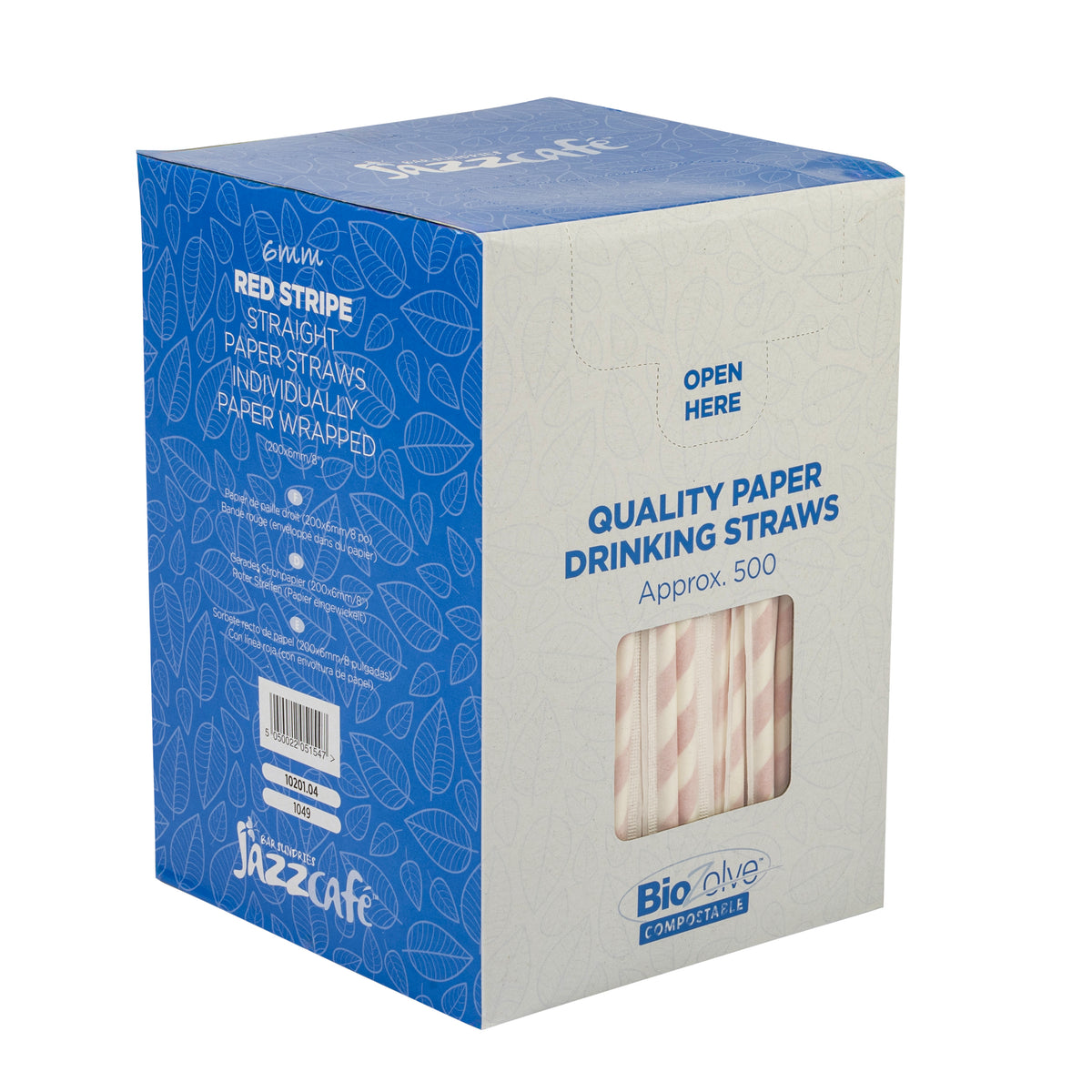 Jazz Cafe Straight Straw Paper (200x6mm/8") Red Stripe (Paper Wrapped) Biodegradable