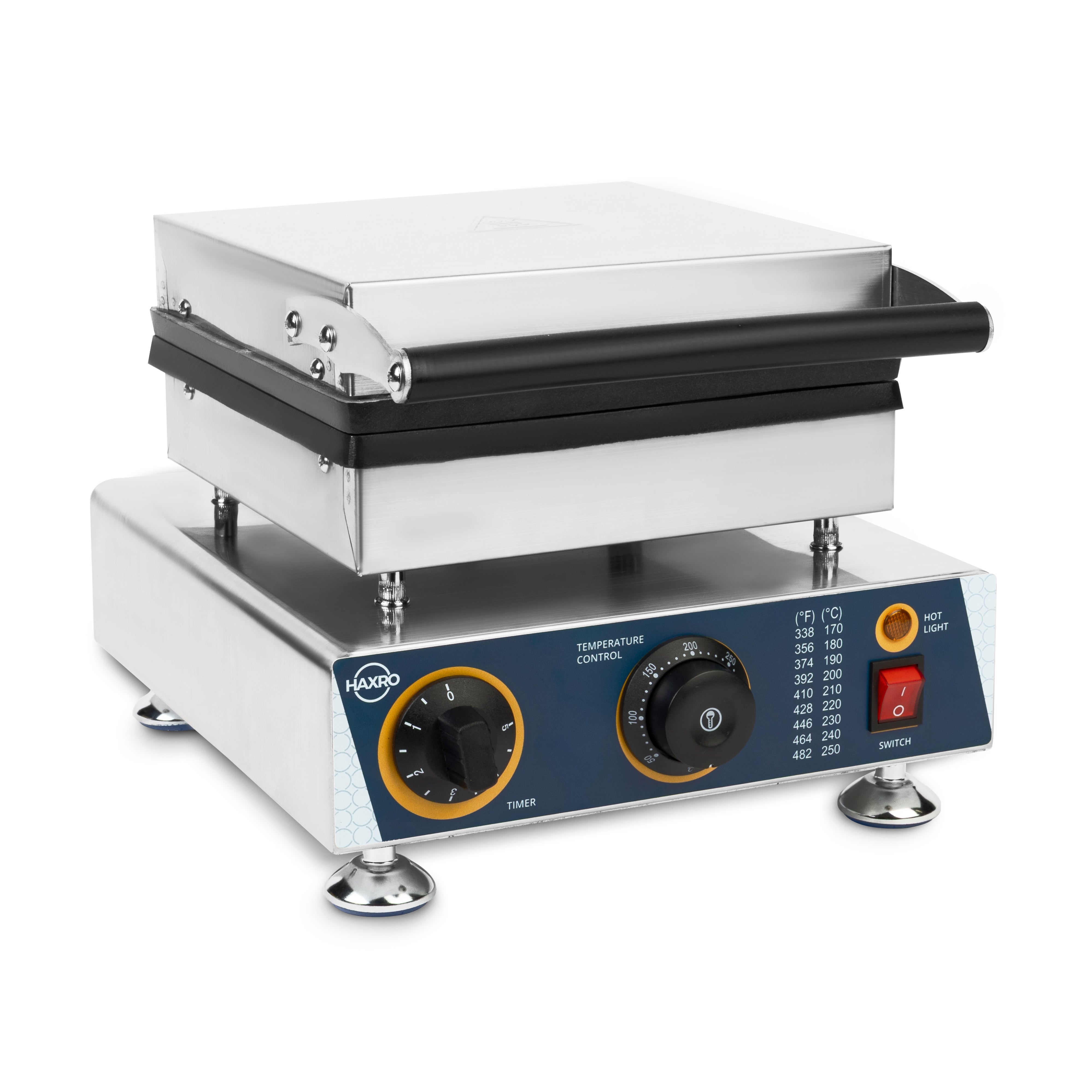 Side angled view of HAXRO Churro Maker with closed top, timer dial, and power switch visible.