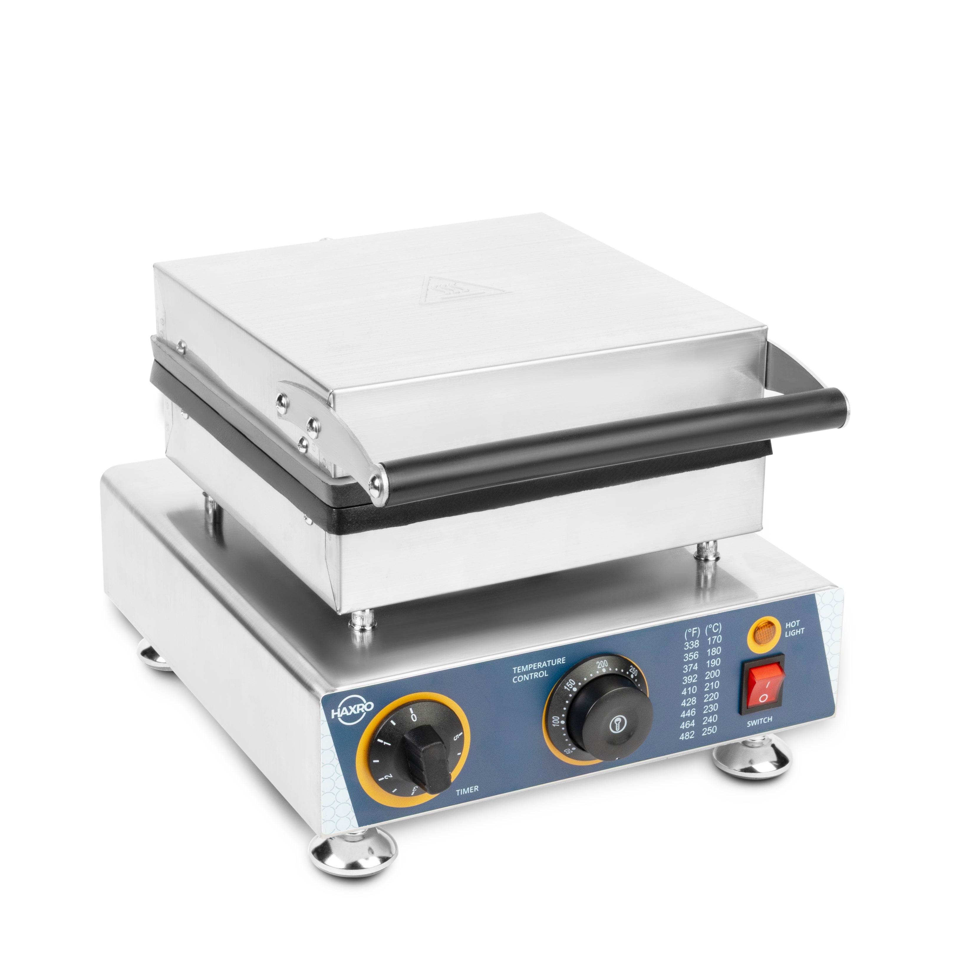 Angled front view of HAXRO Churro Maker with closed lid and blue control panel.