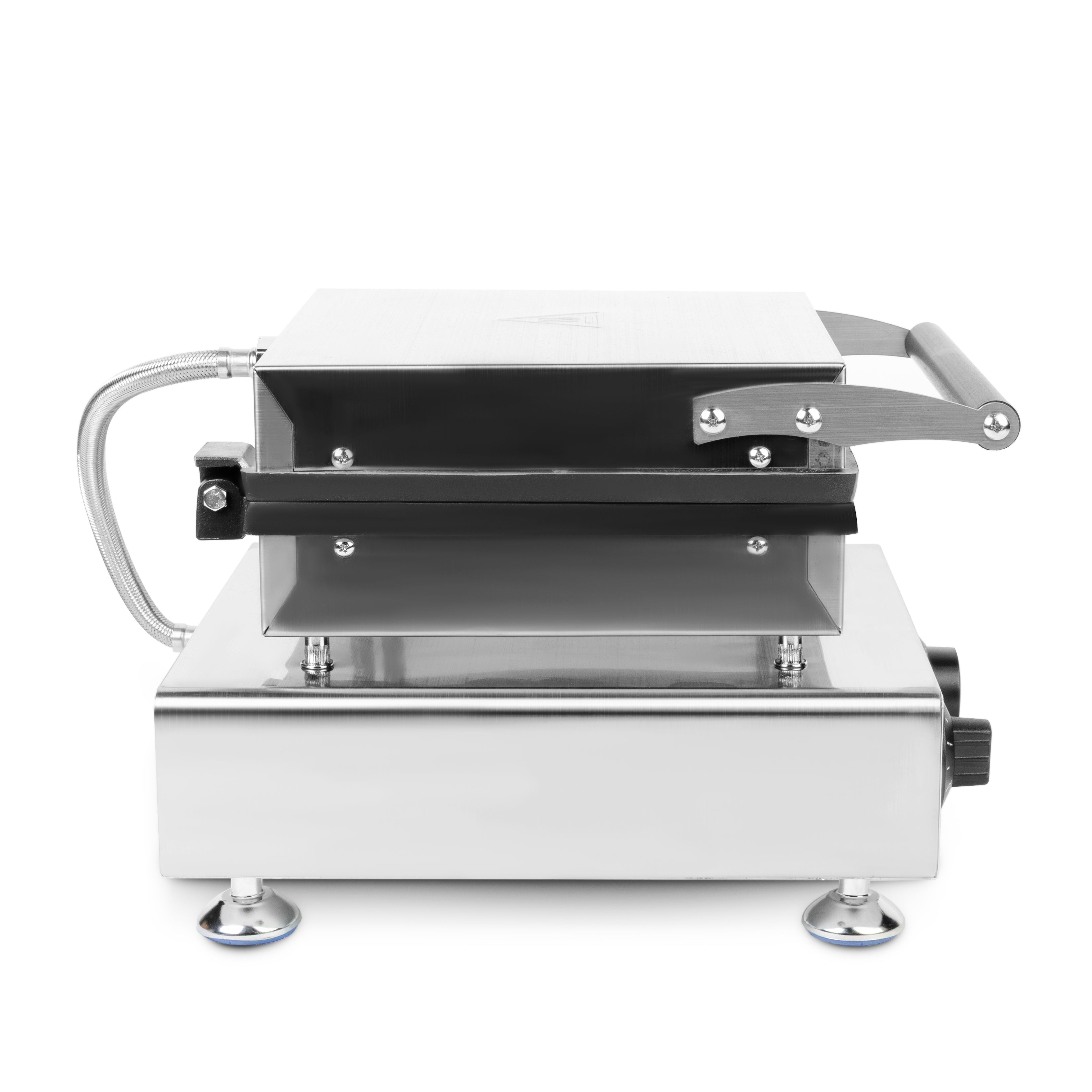 Side view of HAXRO Churro Maker with closed lid, stainless steel body, and handle.