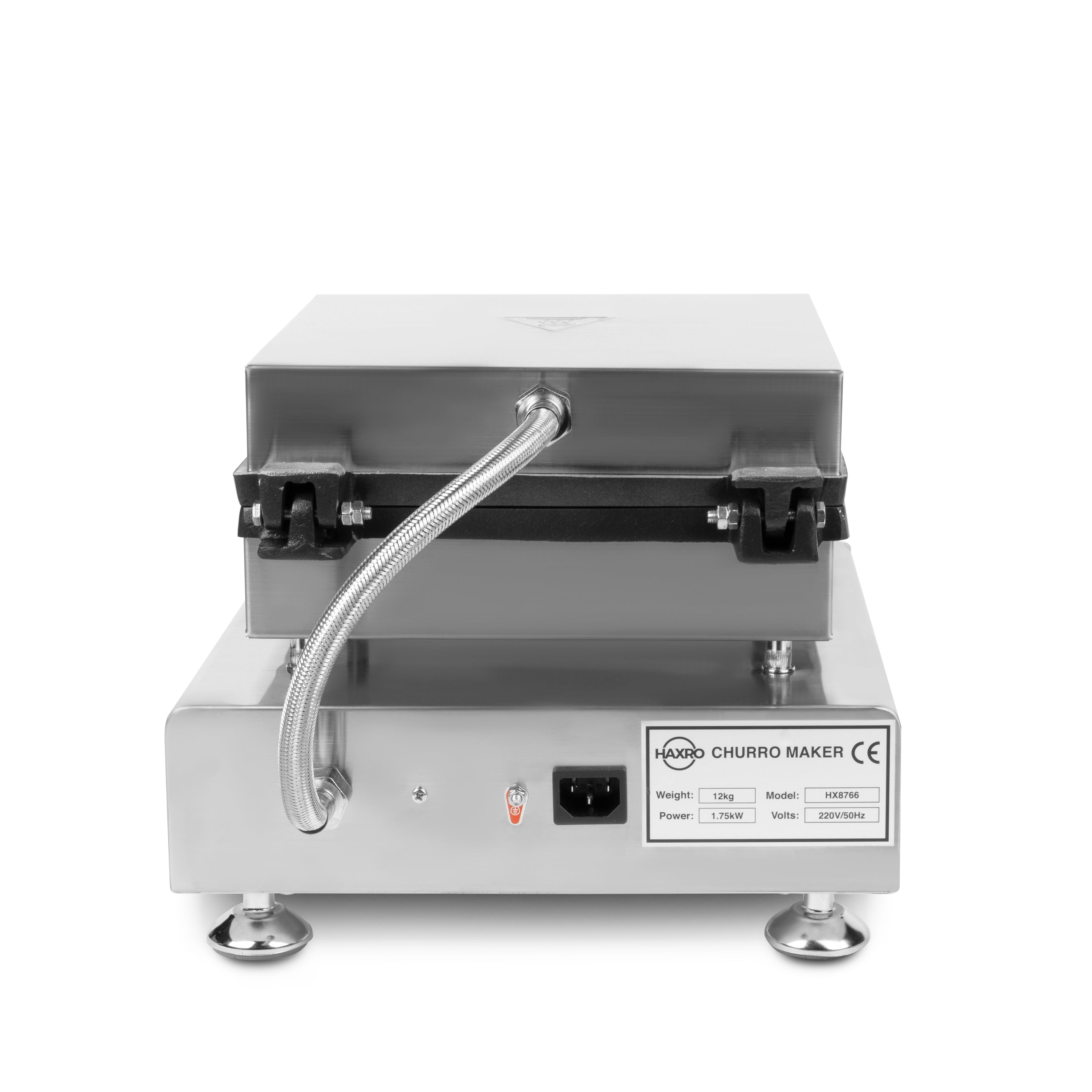 Back view of HAXRO Churro Maker showing power cable, label, and specifications.