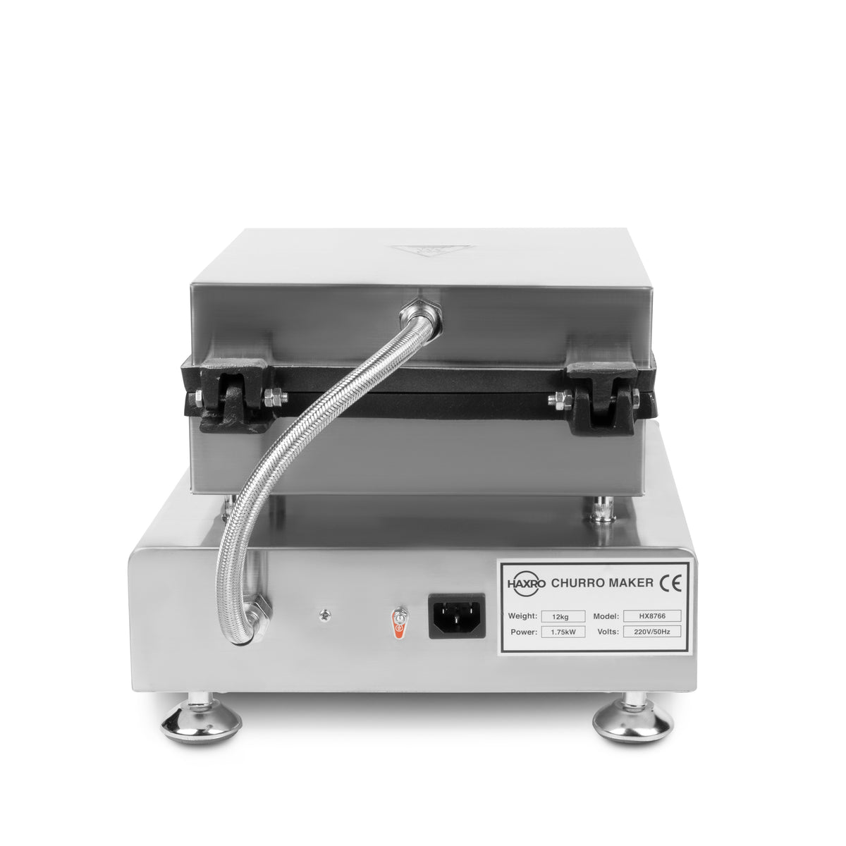 Back view of HAXRO Churro Maker showing power cable, label, and specifications.