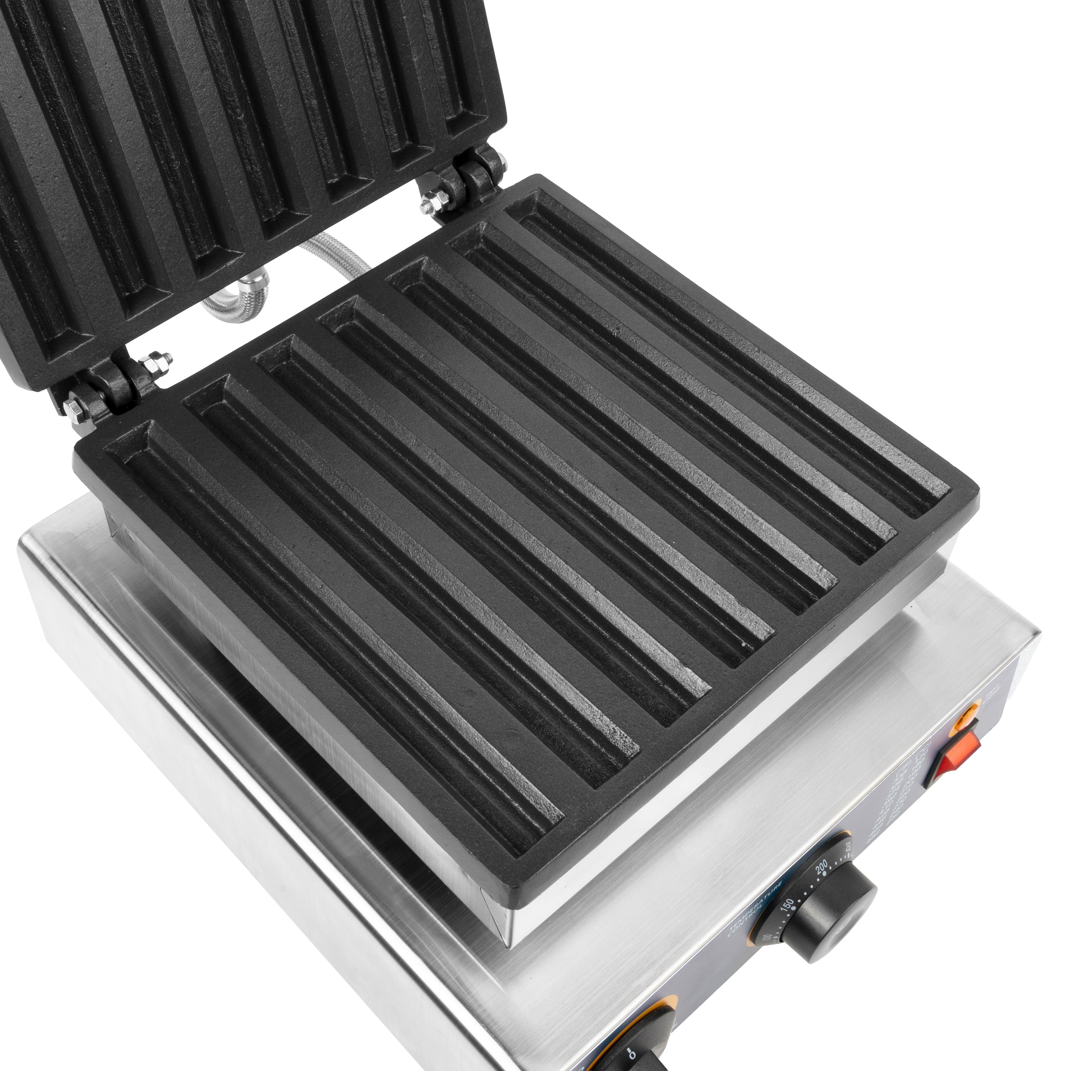 Close-up view of HAXRO Churro Maker cooking plates with grooves for making 7 churros.