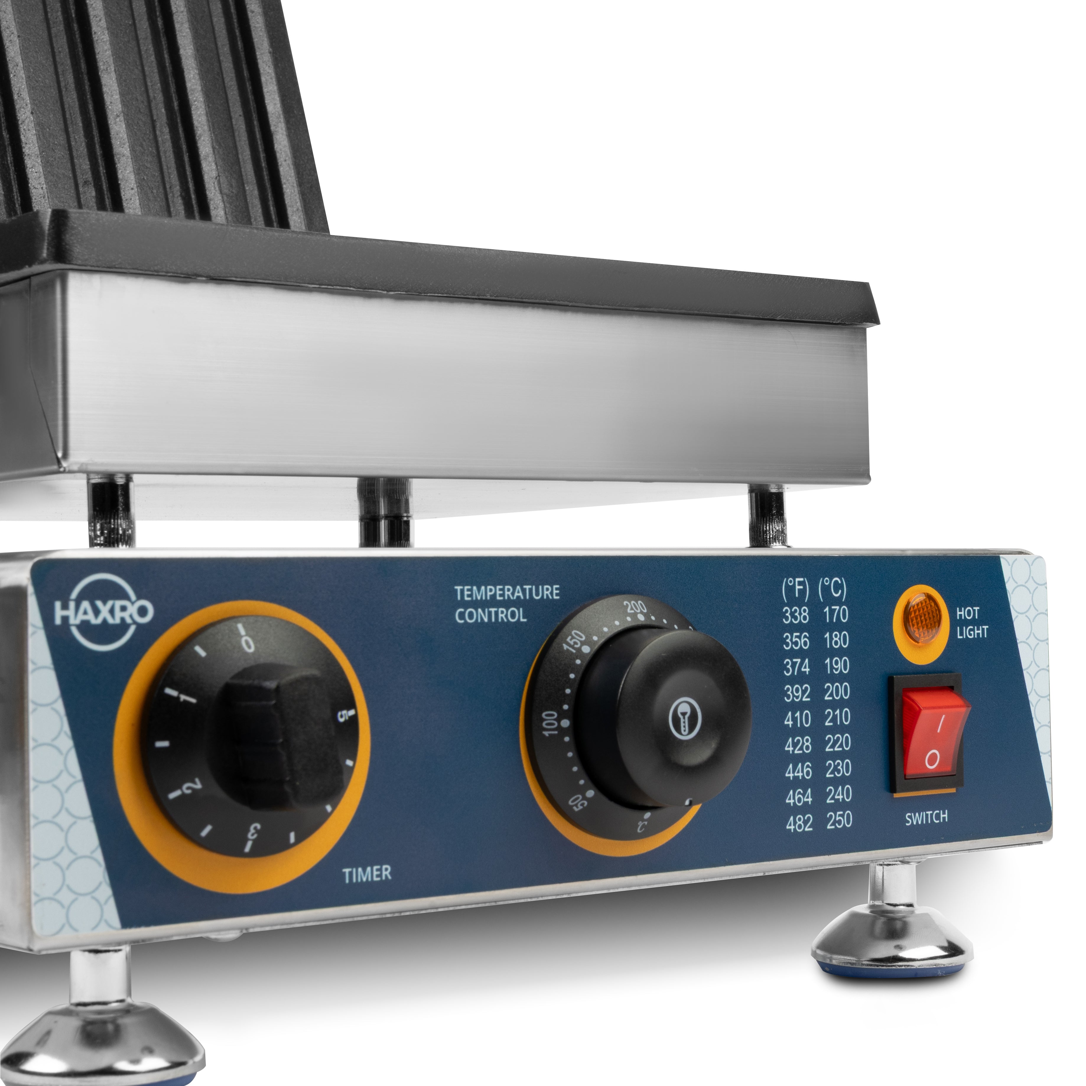 Close-up of HAXRO Churro Maker control panel with timer, temperature control, and power switch.
