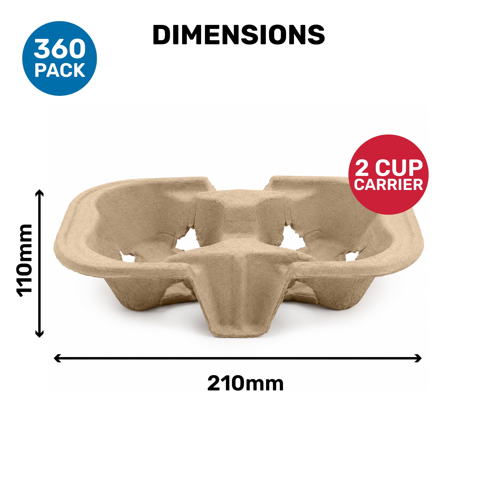 Dimensions of a 2 cup carrier with measurements 210mm x 110mm, labeled "360 pack."