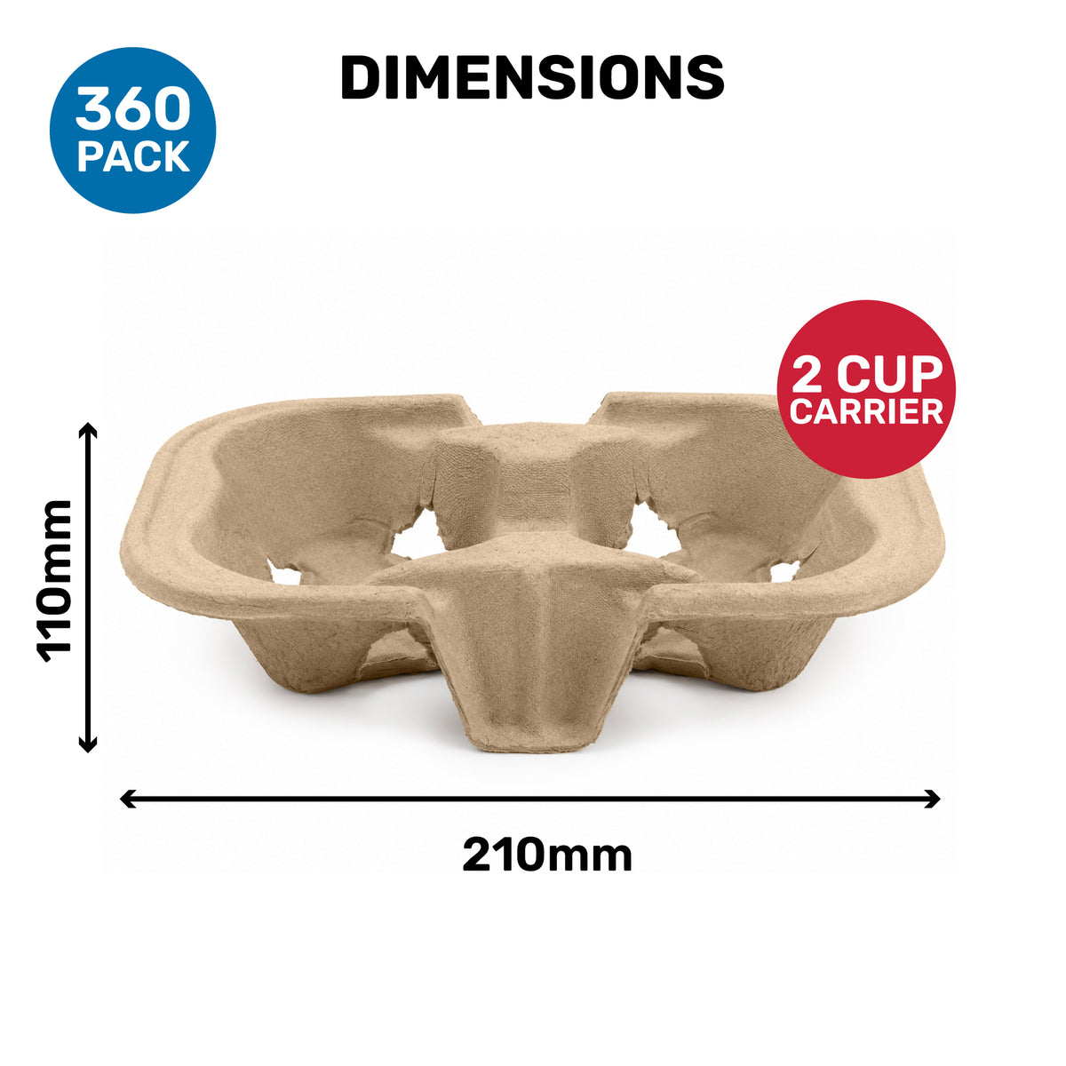 Dimensions of a 2 cup carrier with measurements 210mm x 110mm, labeled "360 pack."