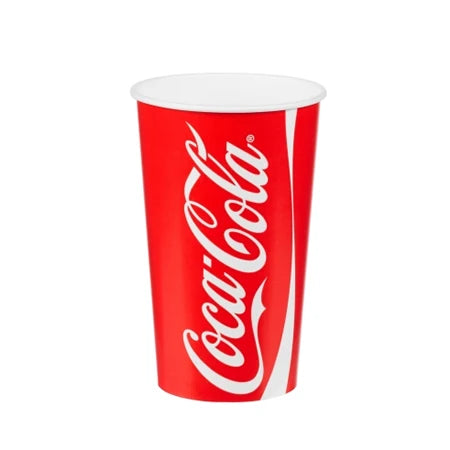 A tall red Coca-Cola paper cup with a white rim and large white script logo, isolated on a plain background; the clean product image feels classic and familiar.