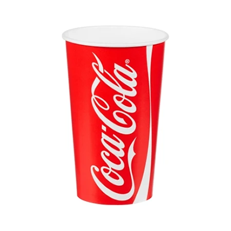 A red Coca-Cola paper cup with a white rim and large white script logo stands alone against a plain white background, evoking a familiar, cheerful refreshment.