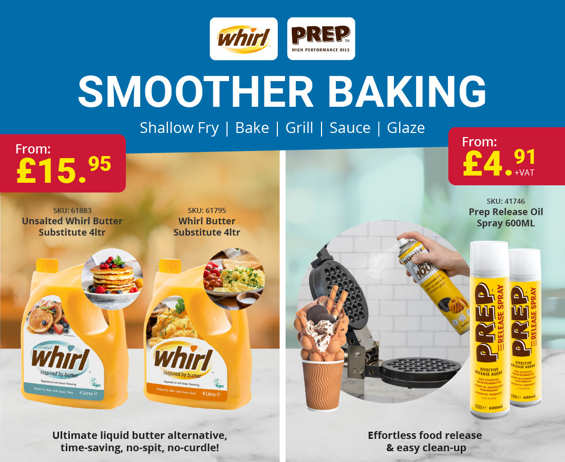 Whirl liquid butter substitute and Prep release spray for baking – professional cooking oils for shallow frying, grilling, baking, glazing, and sauces. Features 4L Whirl Butter and Unsalted Whirl Butter alternatives, starting from £15.95, and 600ml Prep Release Oil Spray from £4.91 +VAT. Ideal for commercial kitchens and effortless non-stick cooking with easy clean-up.