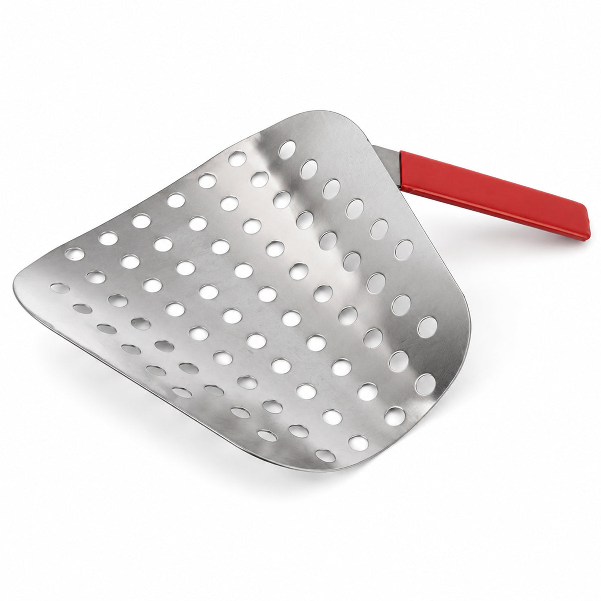 A stainless steel slotted turner with a red handle.