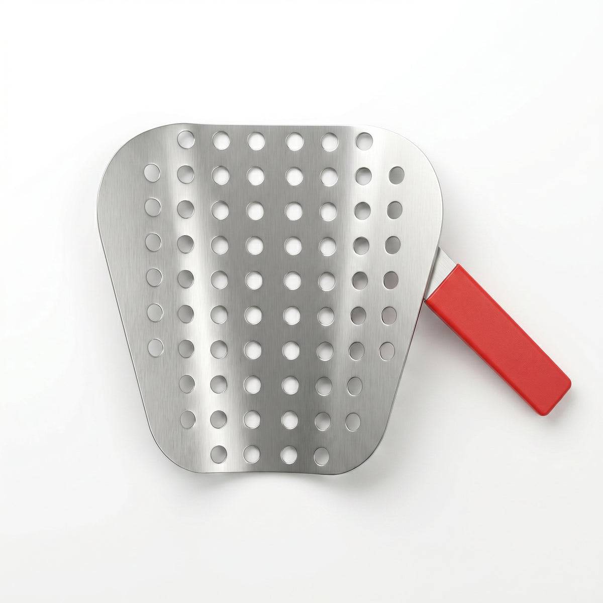 A stainless steel slotted spatula with a red handle.