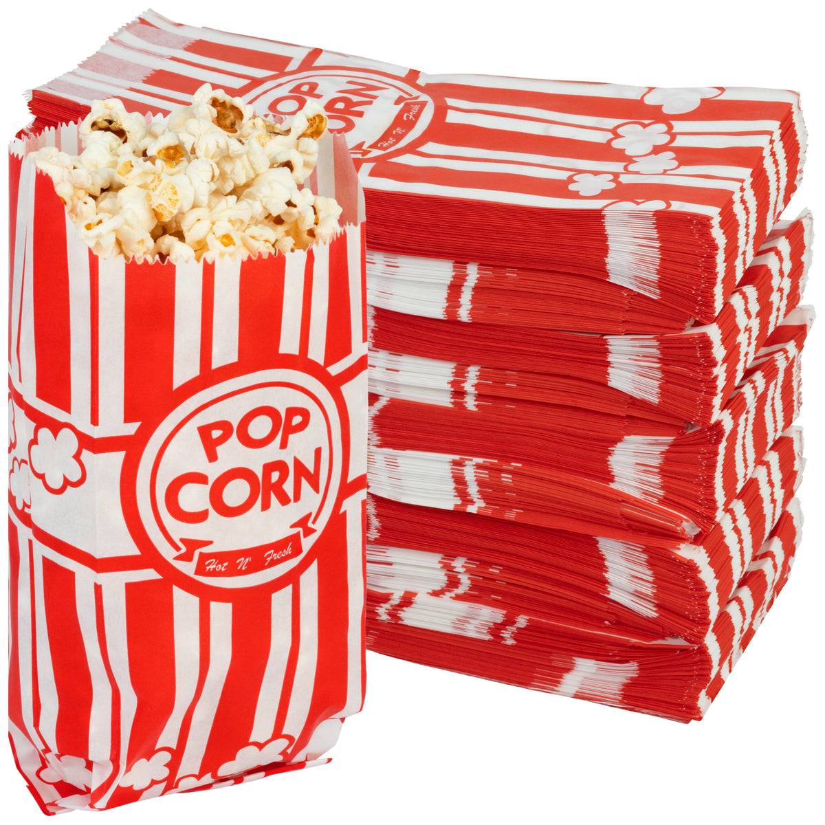 A bag of popcorn with a red and white striped design, labeled "POP CORN," next to a stack of red and white striped paper bags.