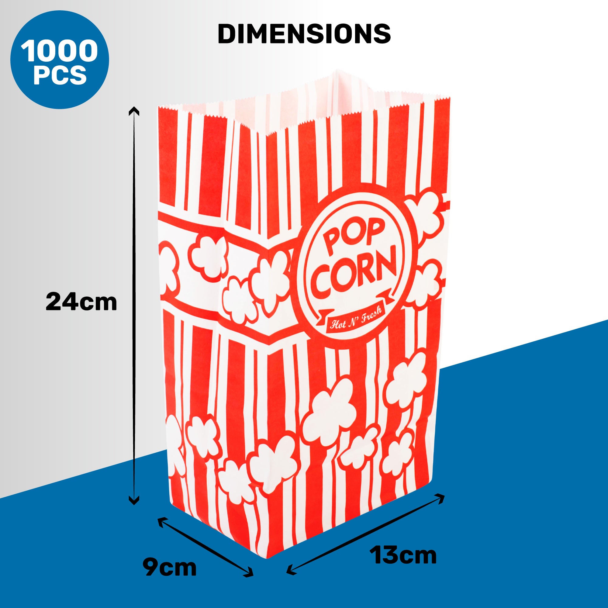 A popcorn bag with a red and white striped design, featuring the text "POP CORN" in the center and dimensions indicated: 24cm height, 13cm width, and 9cm depth. It is part of a pack containing 1000 pieces.