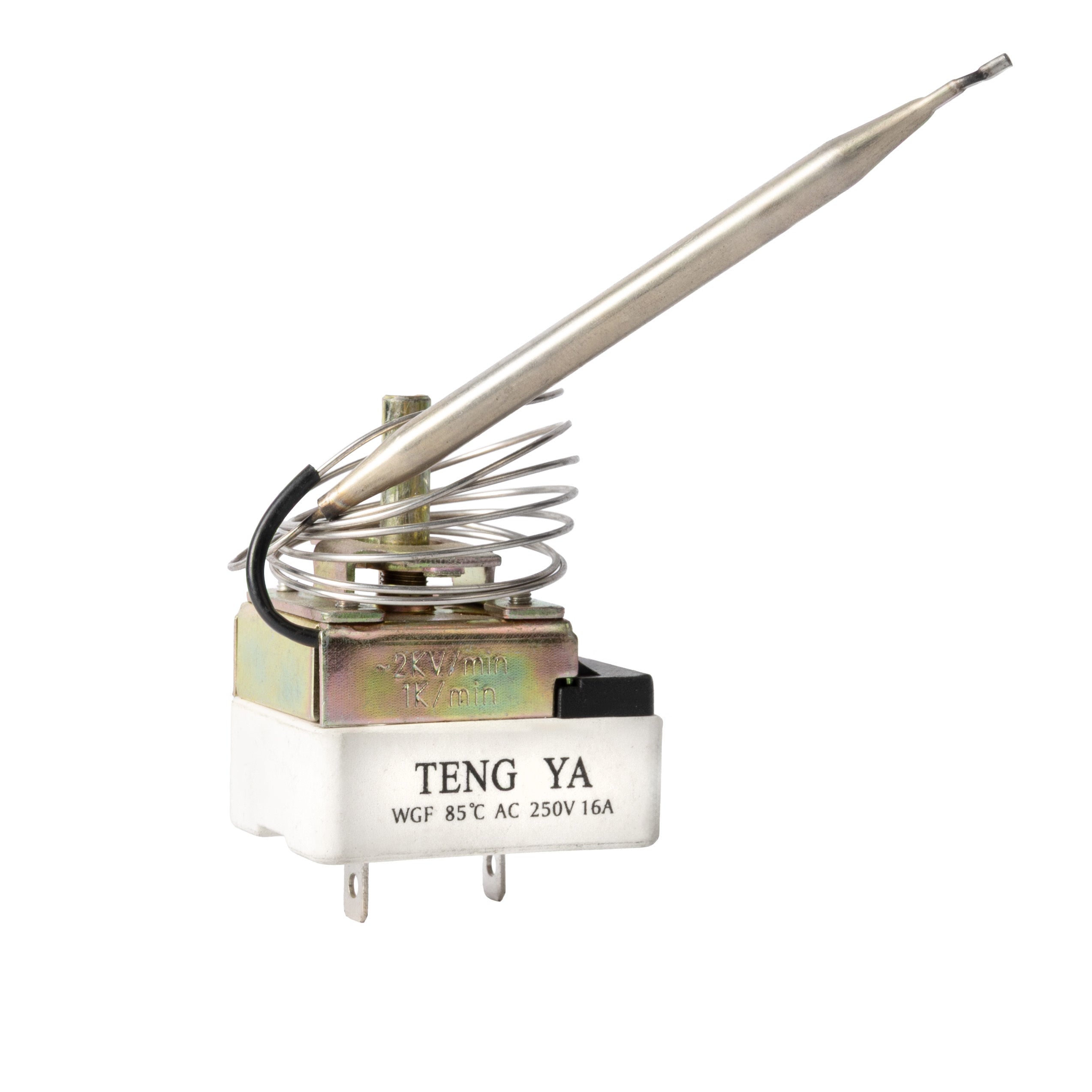 Capillary thermostat with coiled sensing tube and stainless steel probe, labeled TENG YA WGF 85°C AC 250V 16A.