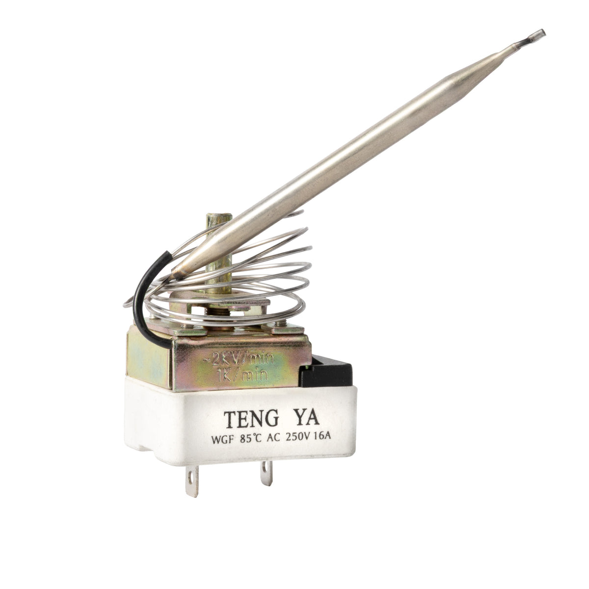 Capillary thermostat with coiled sensing tube and stainless steel probe, labeled TENG YA WGF 85°C AC 250V 16A.