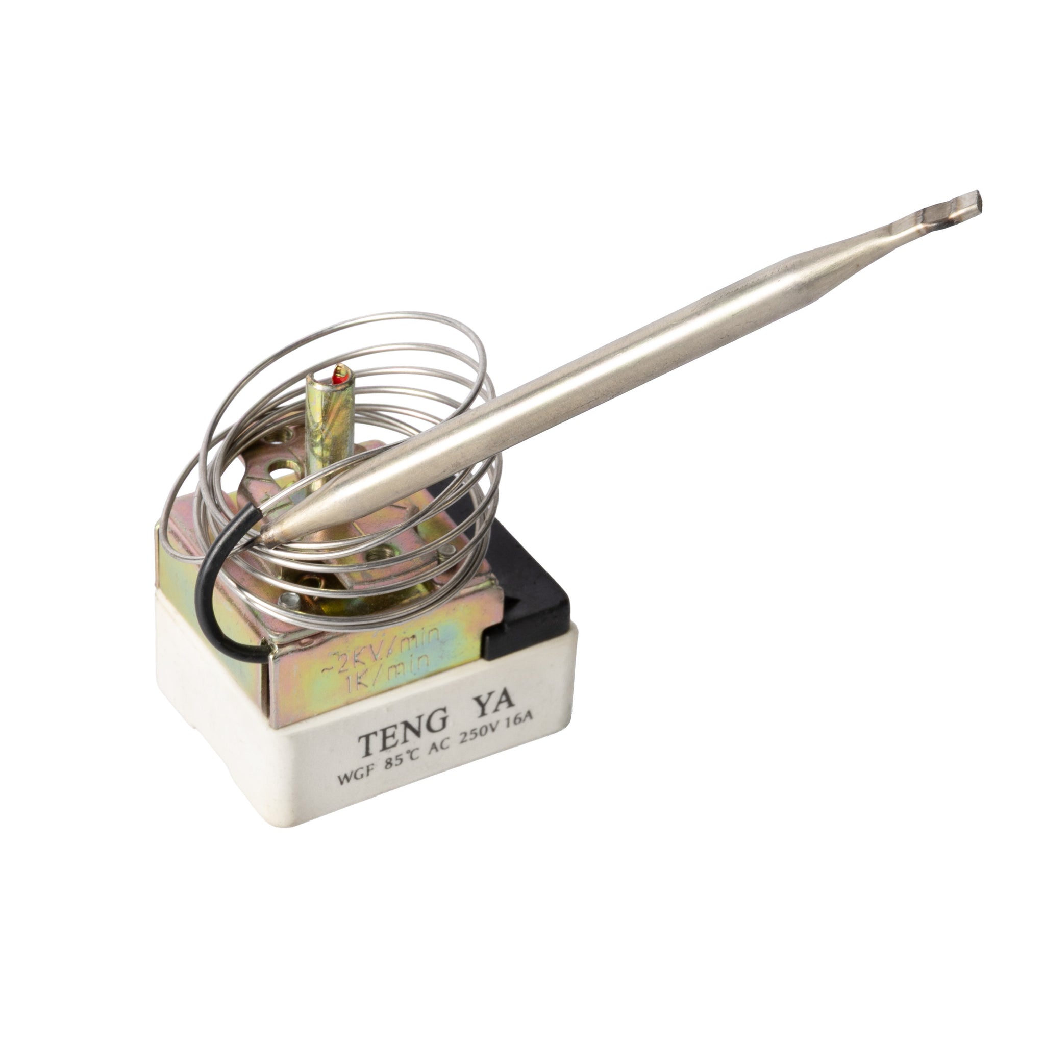 Mechanical capillary thermostat featuring a metal temperature probe, coiled capillary tube, and electrical switch housing.