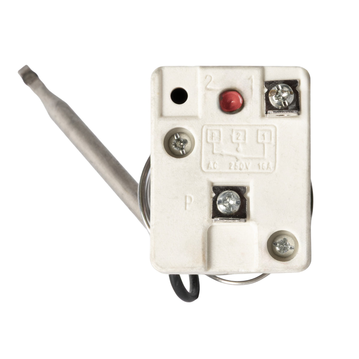 Back view of a capillary thermostat switch showing wiring terminals, reset button, and temperature sensing probe.