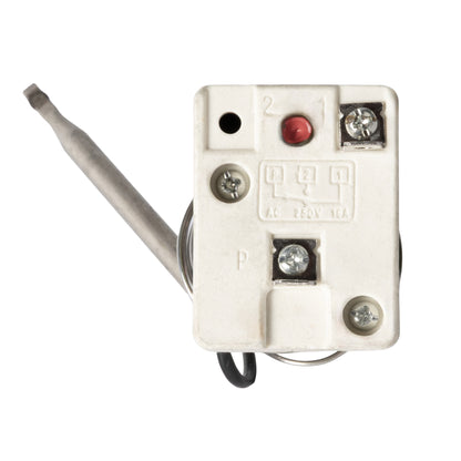 Back view of a capillary thermostat switch showing wiring terminals, reset button, and temperature sensing probe.