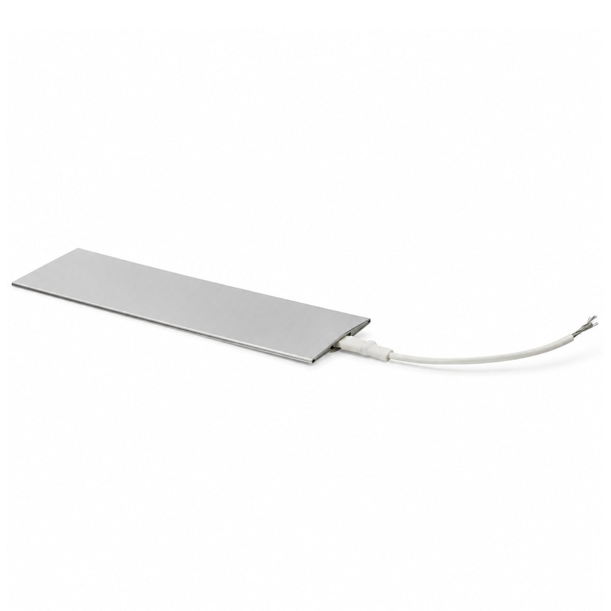 A flat metallic heating element with a white cable.