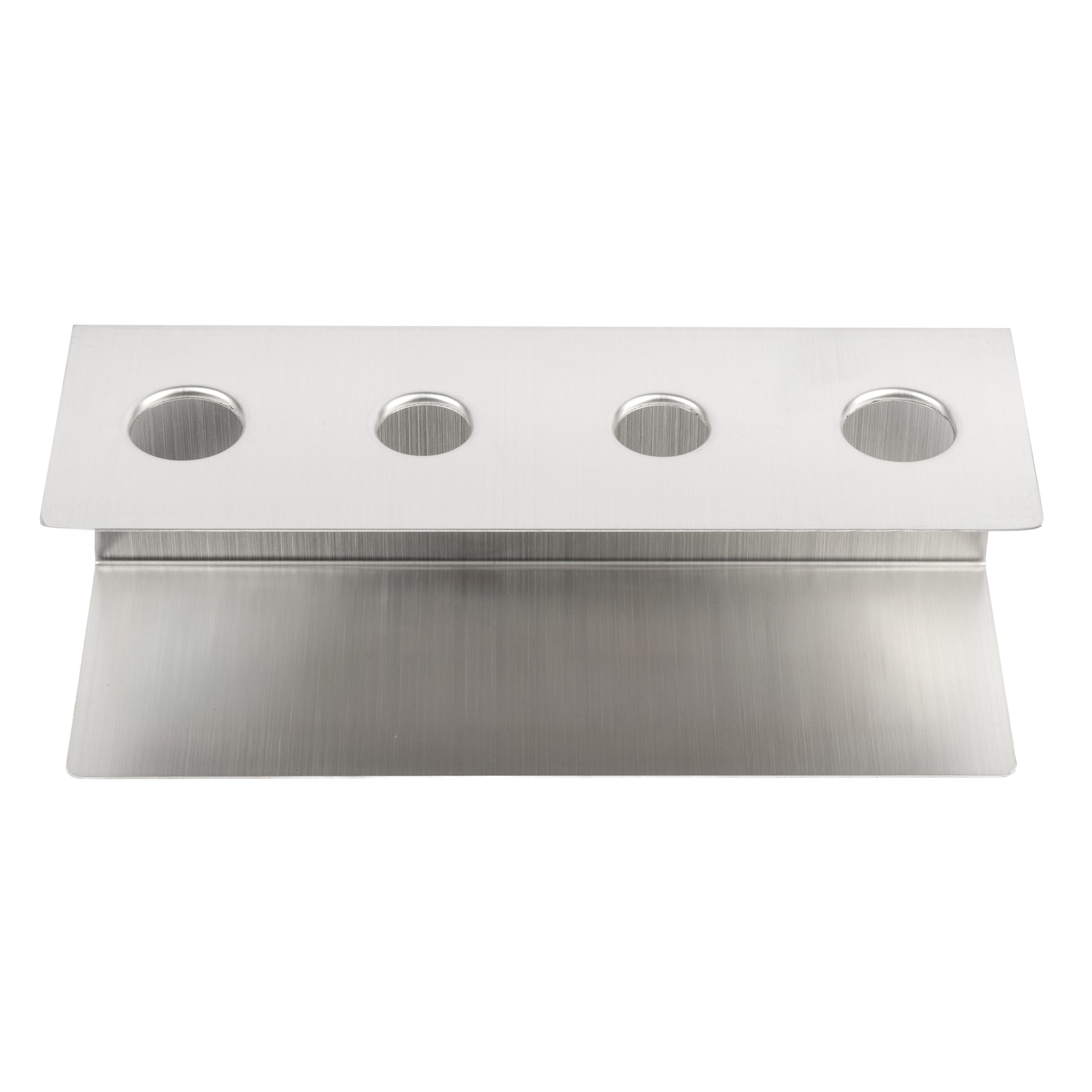 Stainless steel condiment holder with four circular cutouts on the top panel, designed for organizing containers in a sleek, modern kitchen setting.
